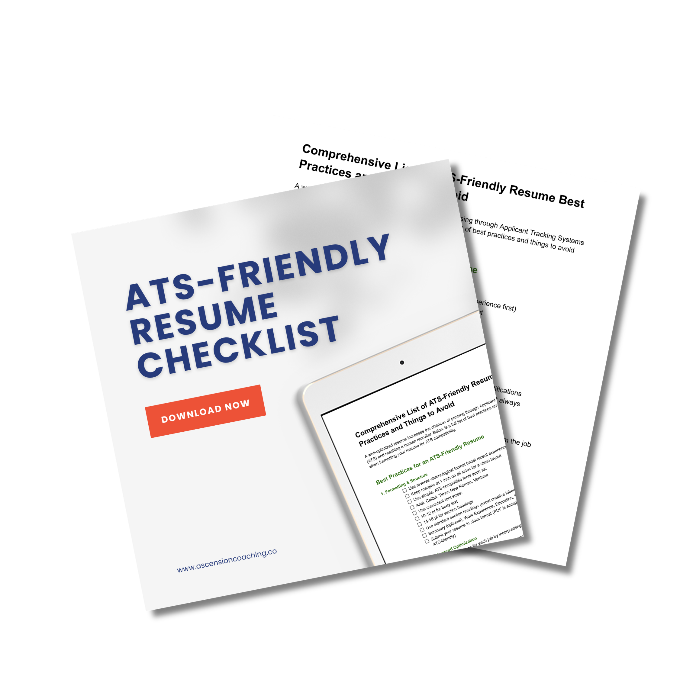 Cover of an ATS-friendly resume checklist guide with a red 'Download Now' button, website link at the bottom, and partially visible content of the guide behind.