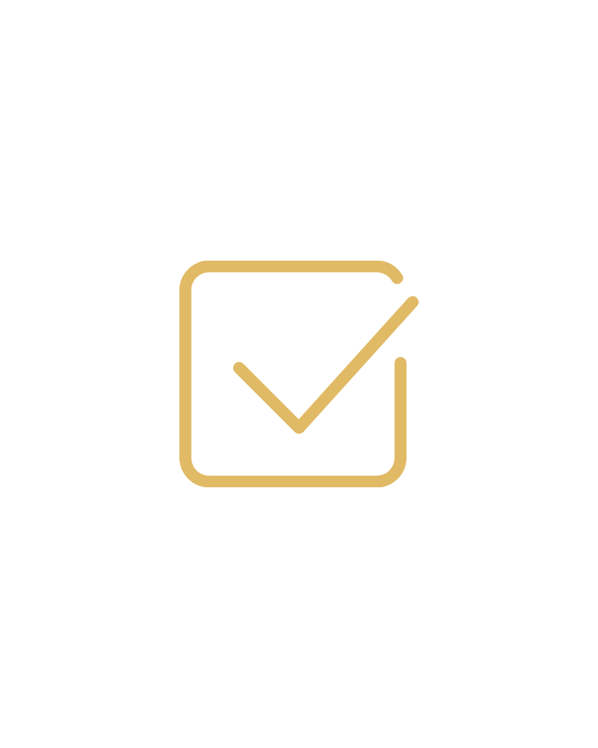Black background with gold checkmark inside a clipboard icon.