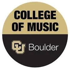 Logo of the College of Music at the University of Colorado Boulder, featuring black text on a gold and black circular background.