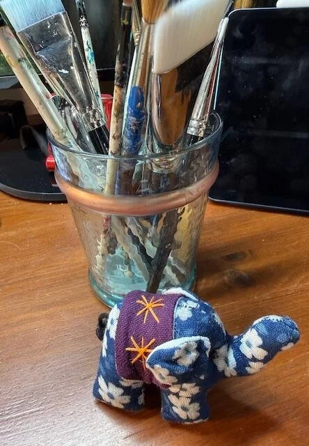 New favourites in my studio this month.

Fresh brushes and a small Thai elephant.

I never tire of brushes. The feel of the handle. The weight in my hand. The softness or firmness of the bristles. I love slowing down and letting my fingers get to kno