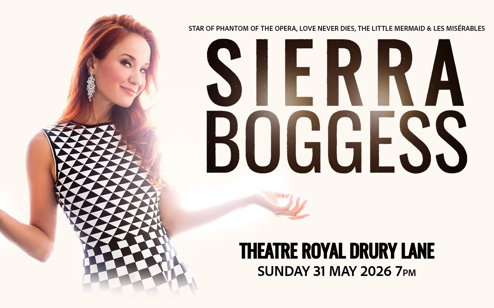 Poster featuring Sierra Boggess, an actress with red hair, wearing a black and white geometric patterned dress, promoting a performance at Theatre Royal Drury Lane on Sunday, May 31, 2026, at 7 pm.