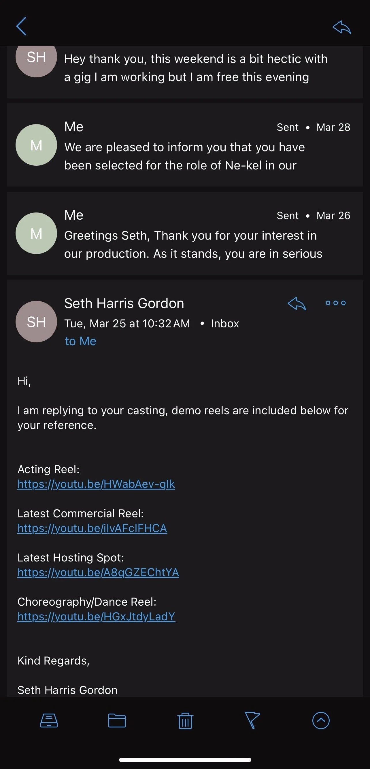 Screenshots of email exchange discussing casting reels, including links to acting, commercial, hosting, and choreography reels.