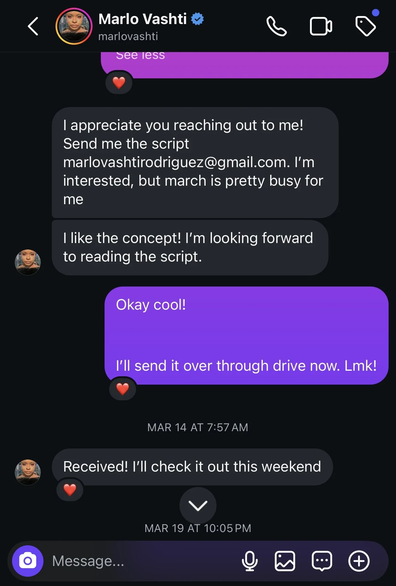 Screenshots of a text conversation on a phone, showing a discussion about reading and reviewing a script, with timestamps and emojis.
