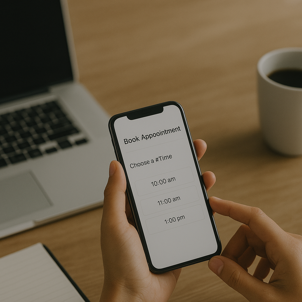 A person holds a smartphone with a booking app on the screen, showing options to choose a time for an appointment at 10 am, 11 am, or 1 pm. The workspace includes a laptop, a notebook, and a cup of coffee on a wooden table.