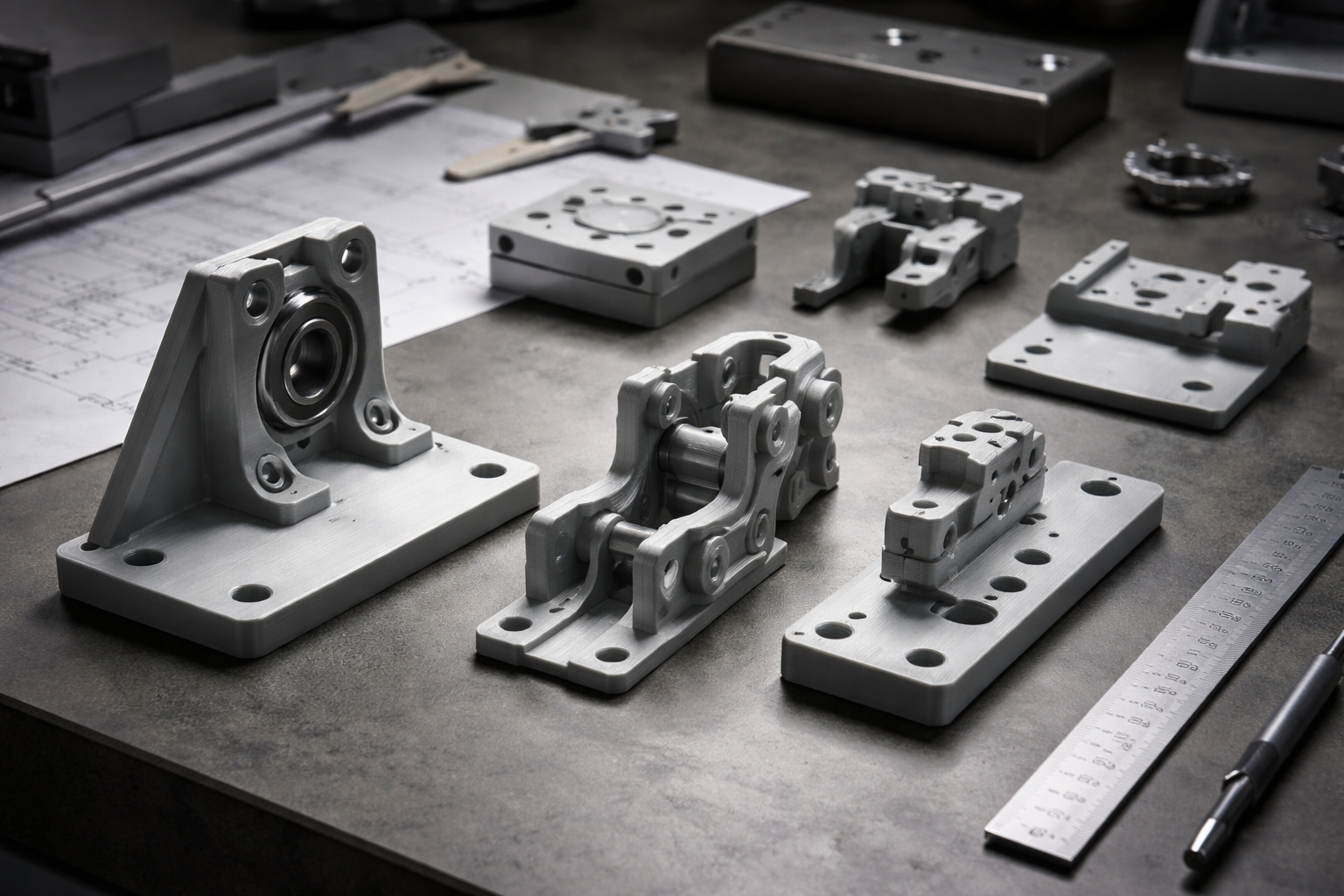 Resin 3D printing workspace with finished prototypes