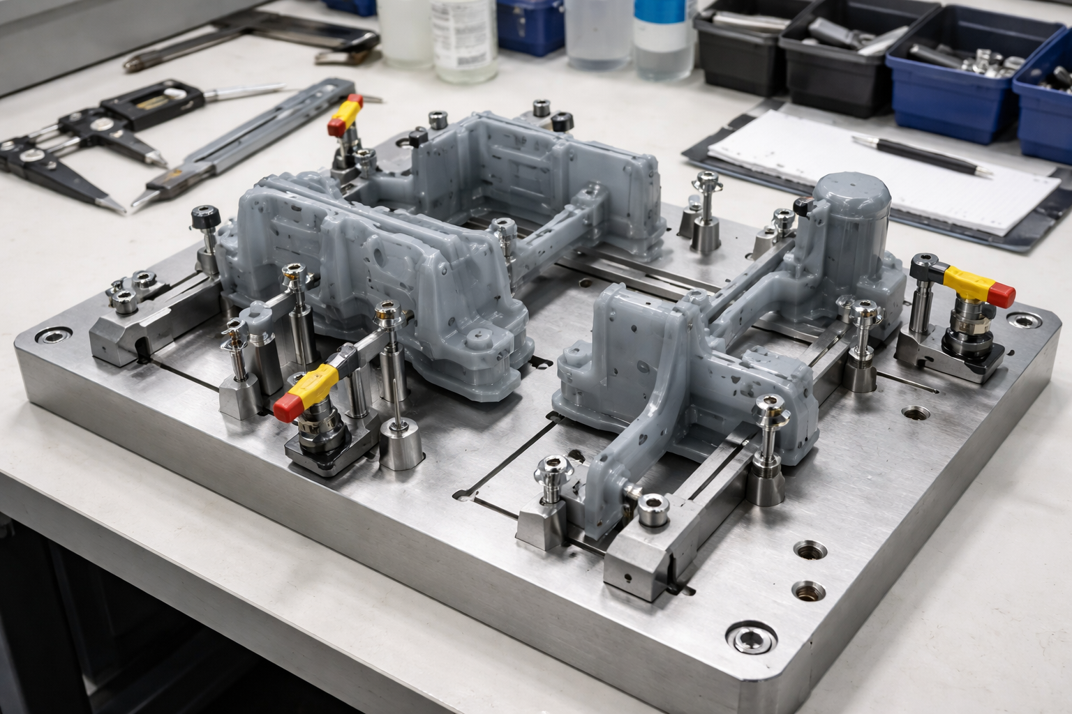 Resin 3D printing workspace with finished prototypes