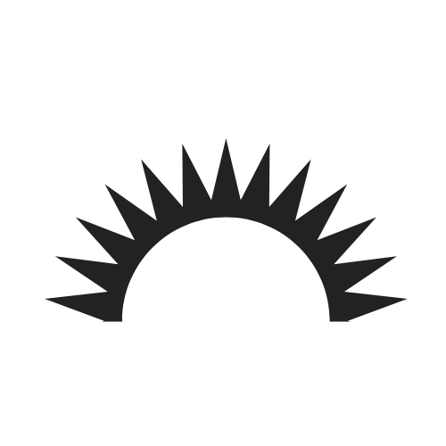 A black and white graphic of a rising or setting sun with rays extending outward.