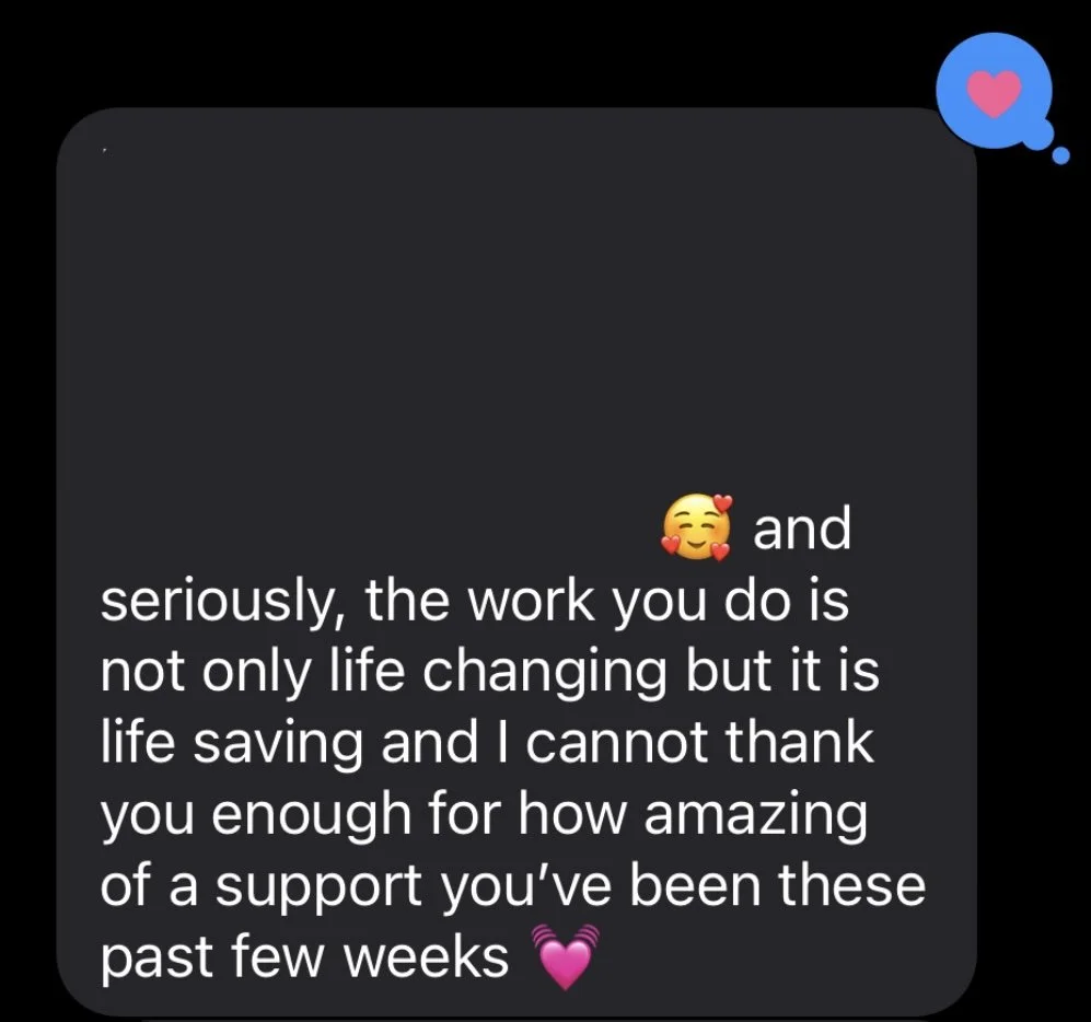A text message with supportive and grateful words, including emojis of a smiling face with hearts, a pink heart, and a purple-pink heart.