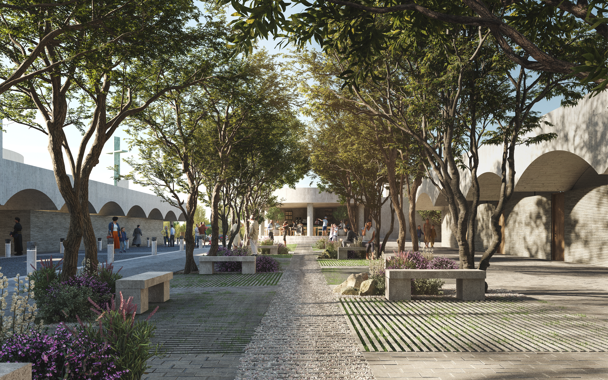 Plaza con árboles y bancos de concreto, personas caminando y sentadas, y un escenario en el fondo con una columnata y gente reunida.