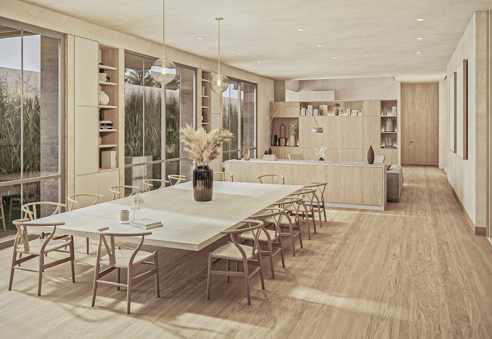 Sala de comedor y sala de estar con decoración minimalista y muebles de madera clara, grandes ventanas y luz natural.