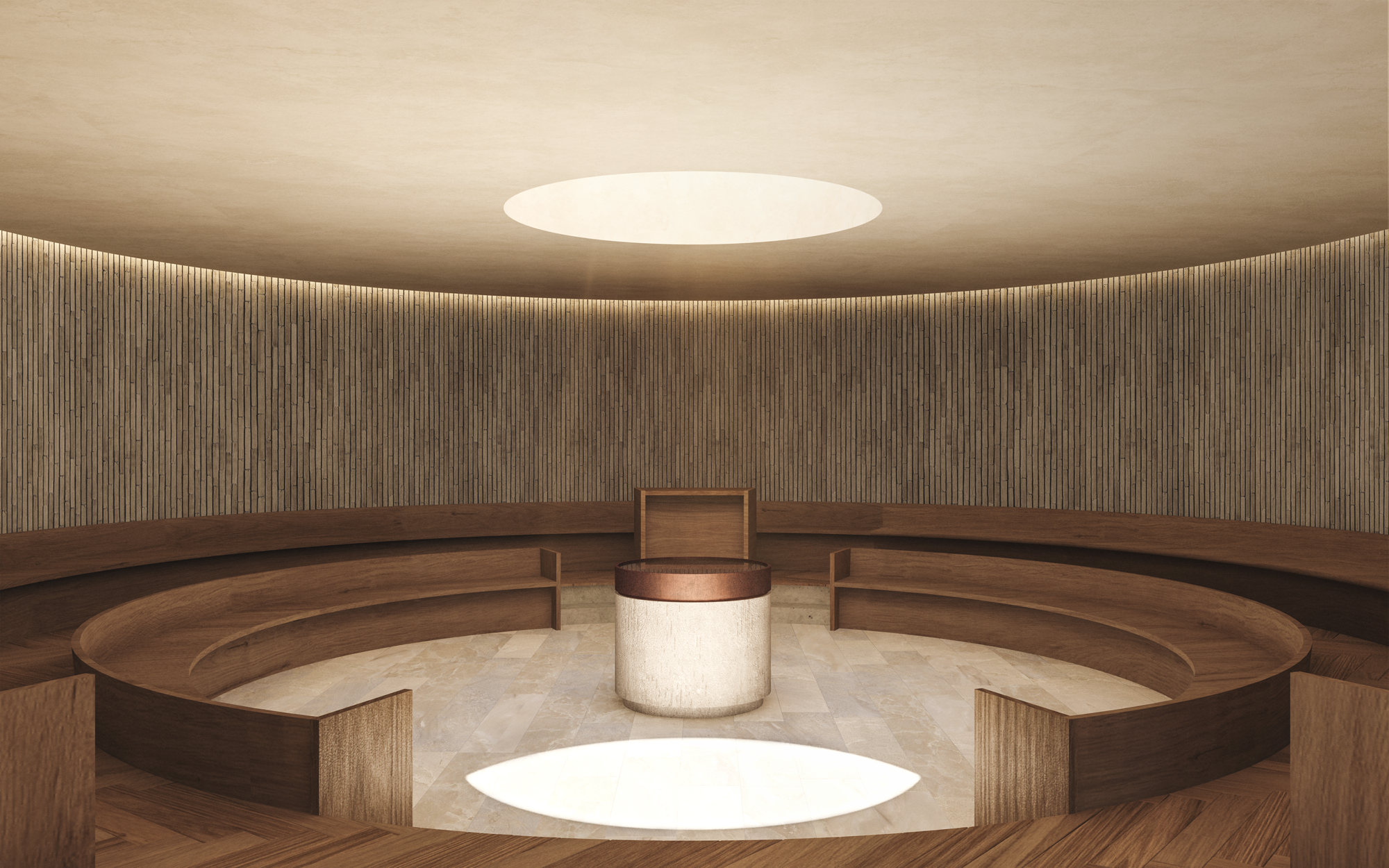 Sala de reuniones circular con paredes de madera, un asiento semicircular y un podio en el centro, iluminación superior en un ambiente moderno.