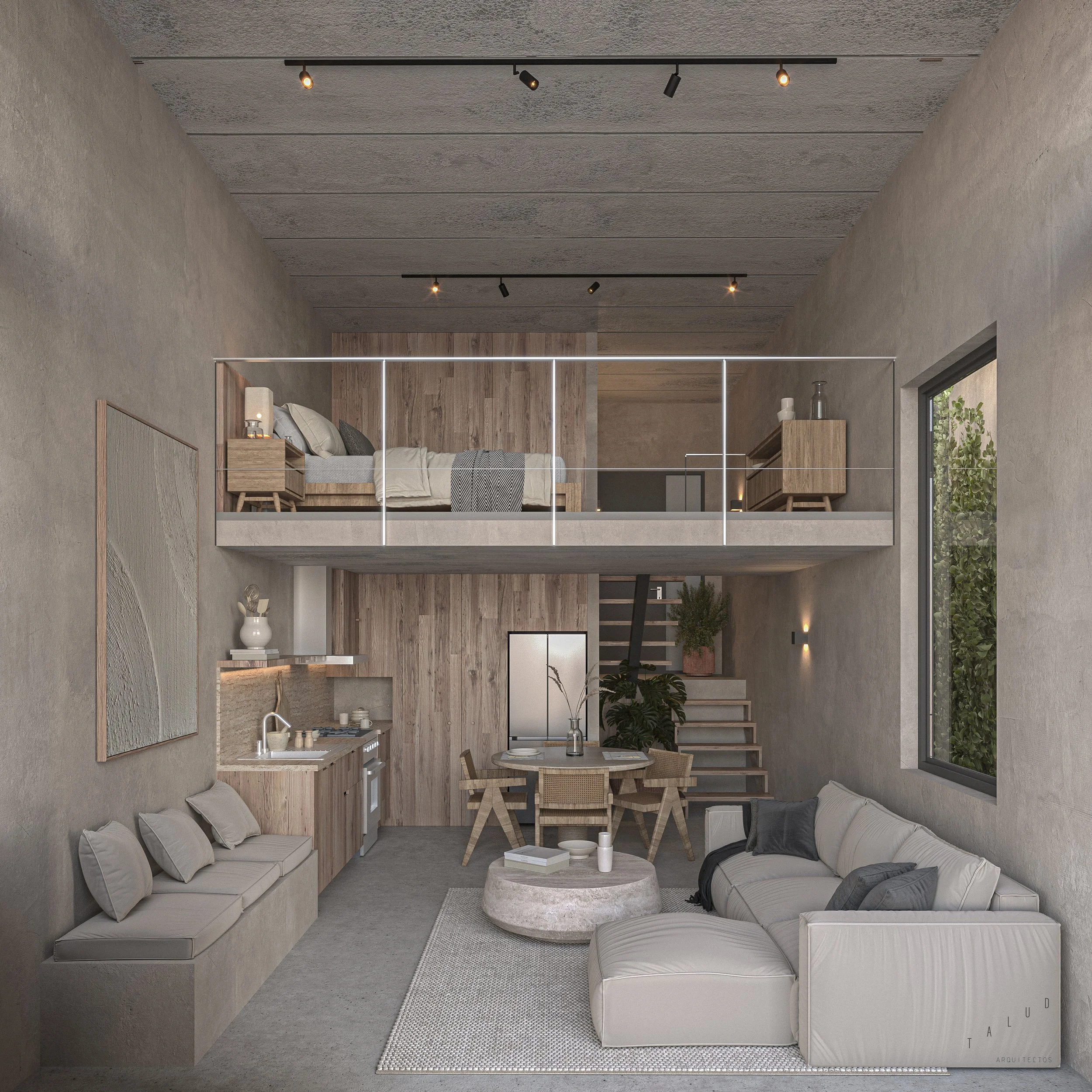 Interior moderno de un apartamento de dos niveles con paredes de color beige y muebles de madera clara, en la planta baja hay un área de sala con sofá beige, mesa de centro y una pequeña cocina y comedor. En el nivel superior hay un dormitorio con ca