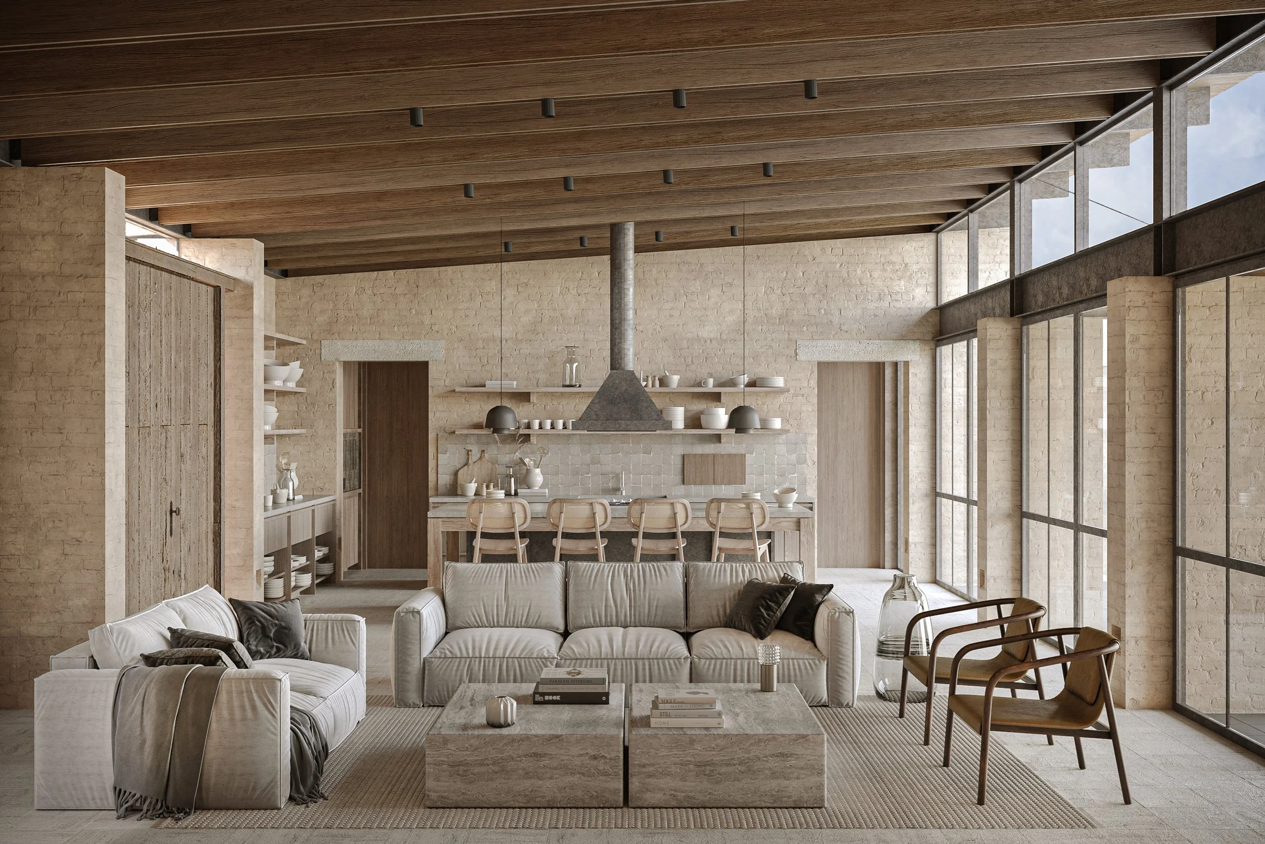 Sala de estar y cocina en un estilo minimalista con paredes de ladrillo, techo de madera y grandes ventanas de vidrio.