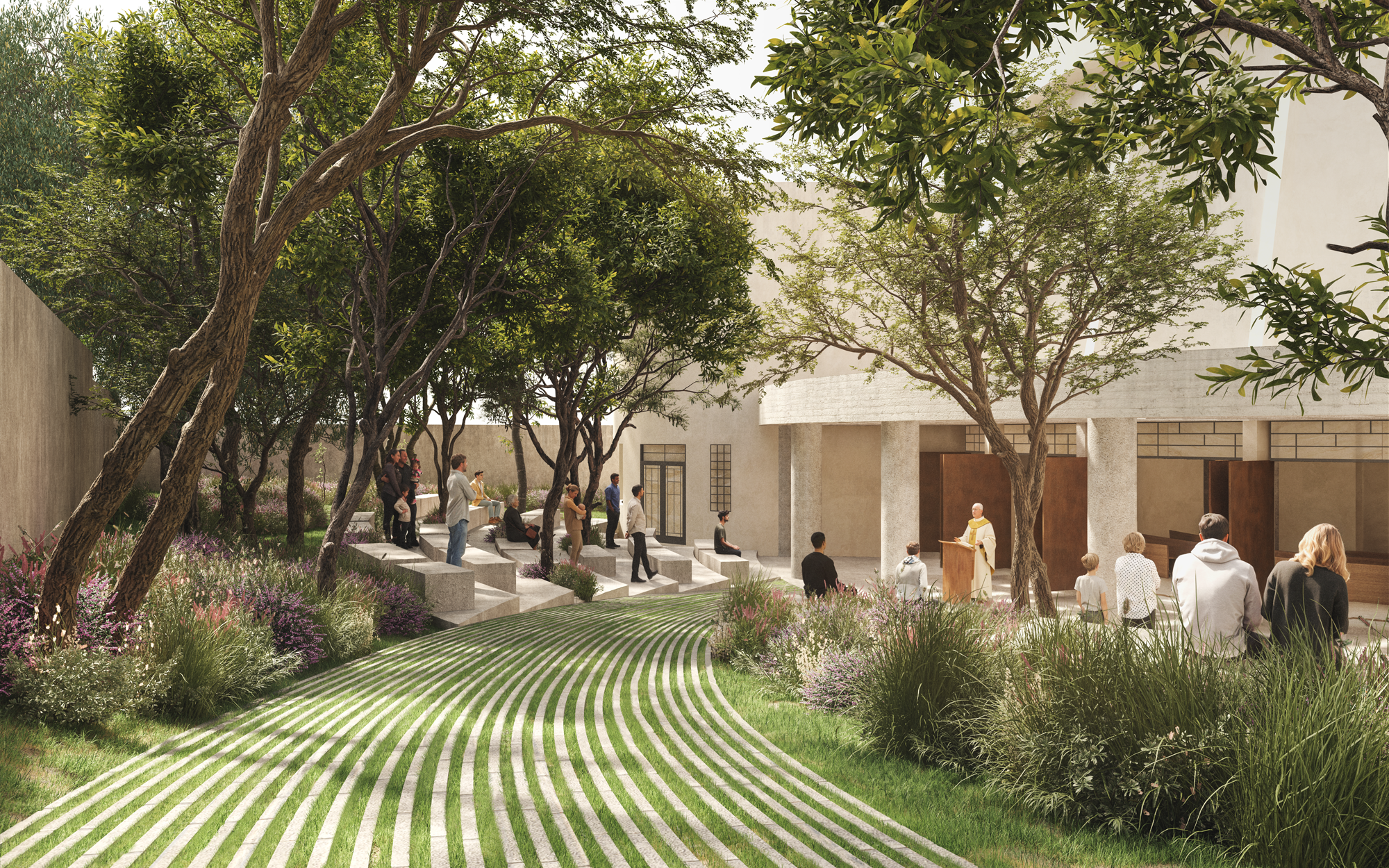 Ilustración de un espacio al aire libre con árboles, plantas y gente reunida en un área de ceremonia o encuentro. Se observa una estructura de fondo y varias personas sentadas o de pie, algunas en actitud de escucha.