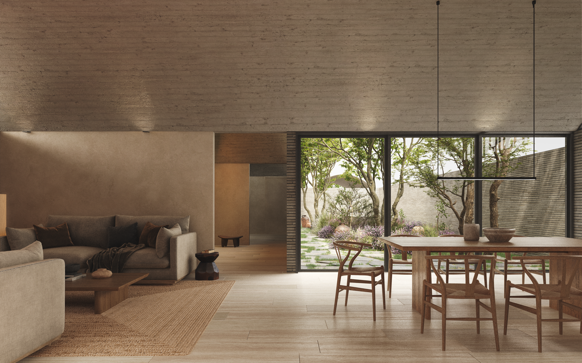 Interior moderno de sala y comedor con vista a un jardín, muebles de madera y grandes ventanas de vidrio