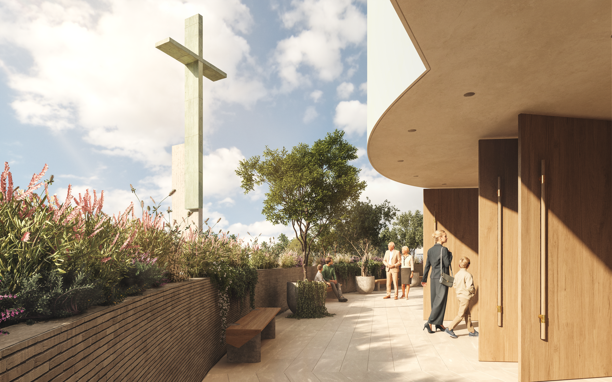 Varias personas frente a un edificio moderno con un gran crucifijo al fondo y un cielo con nubes, en un ambiente de exteriores con plantas y árboles.