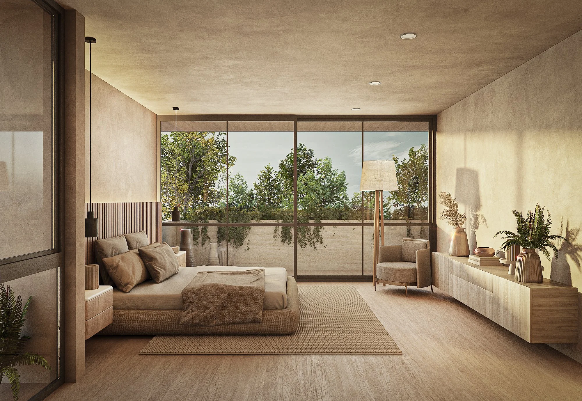 Sala moderna con cama, lámpara de pie, sillón, y mueble con plantas y libros, con vista a árboles a través de ventanas grandes.