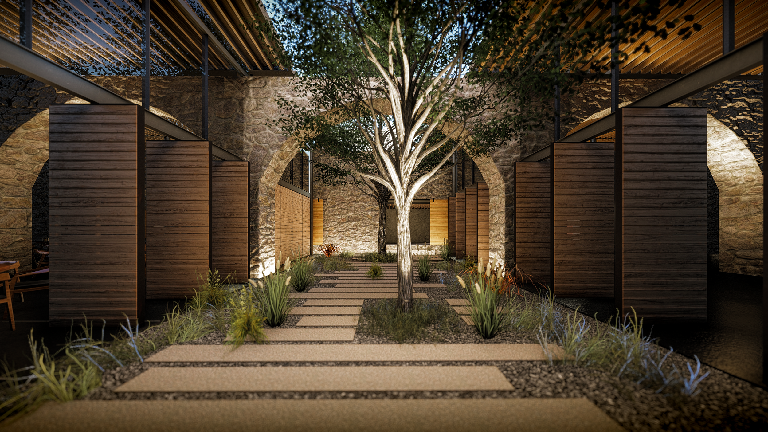 Jardín interior con camino de piedra y árbol en el centro, rodeado de paredes de piedra y divisiones de madera, iluminación suave y ambiente tranquilo.