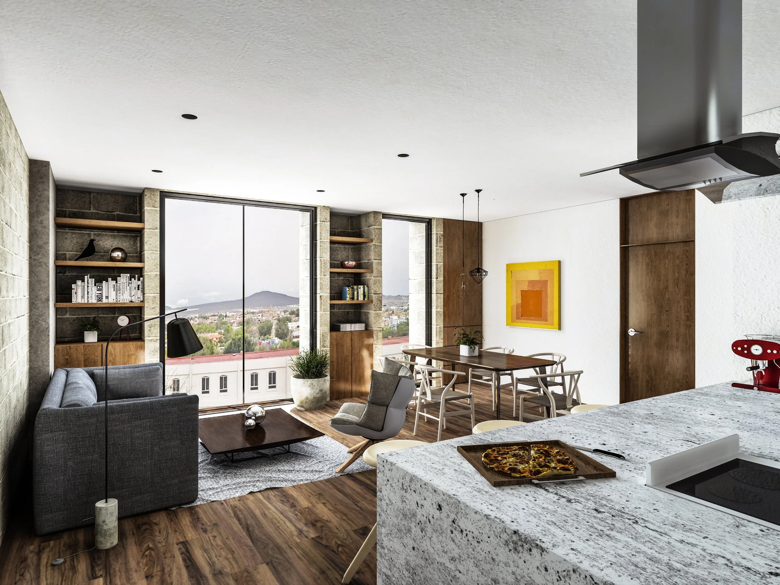 Sala y comedor en apartamento con ventanas grandes, muebles de madera y pisos de madera, con una pizza en la encimera y vista a la ciudad.