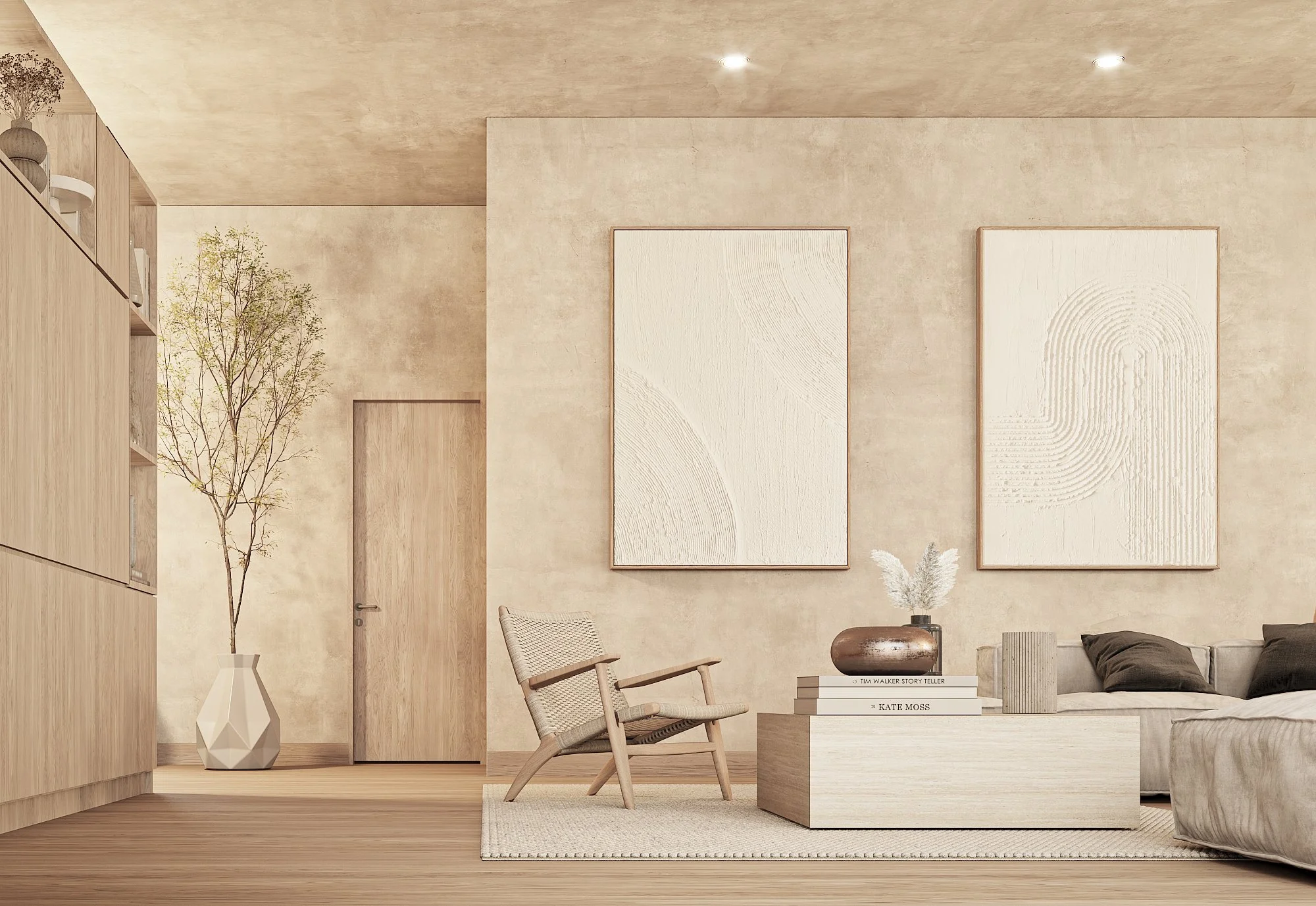 Salón moderno en tonos neutros con sofá, mesa de centro, una silla de madera y paredes decoradas con arte abstracto, incluyendo un jarrón con plantas y un árbol en una maceta grande.