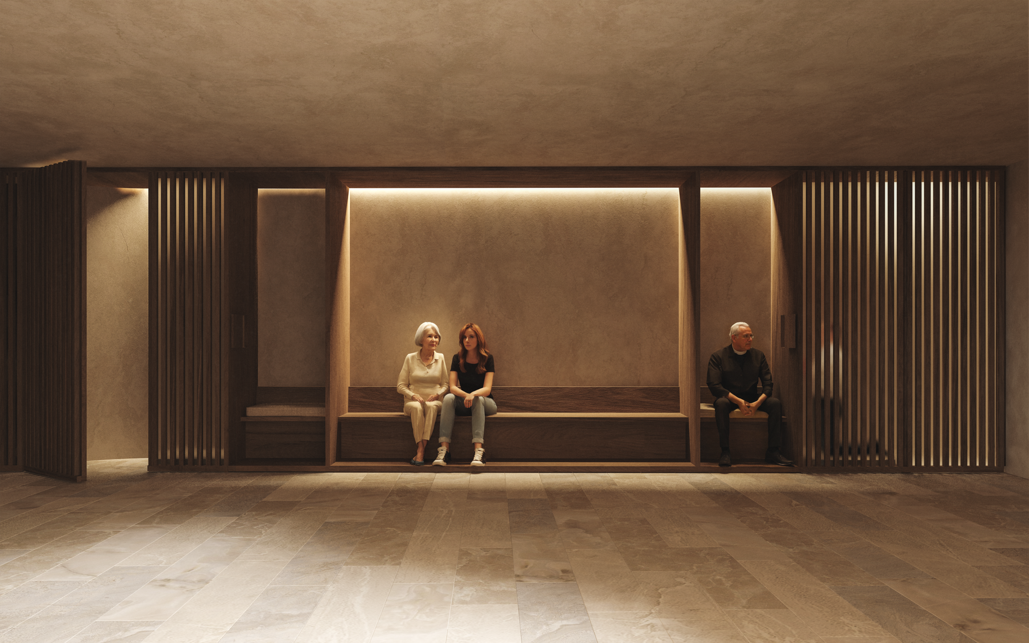 Tres personas sentadas en un espacio moderno con muros de color beige y madera, iluminación suave, en un ambiente minimalista