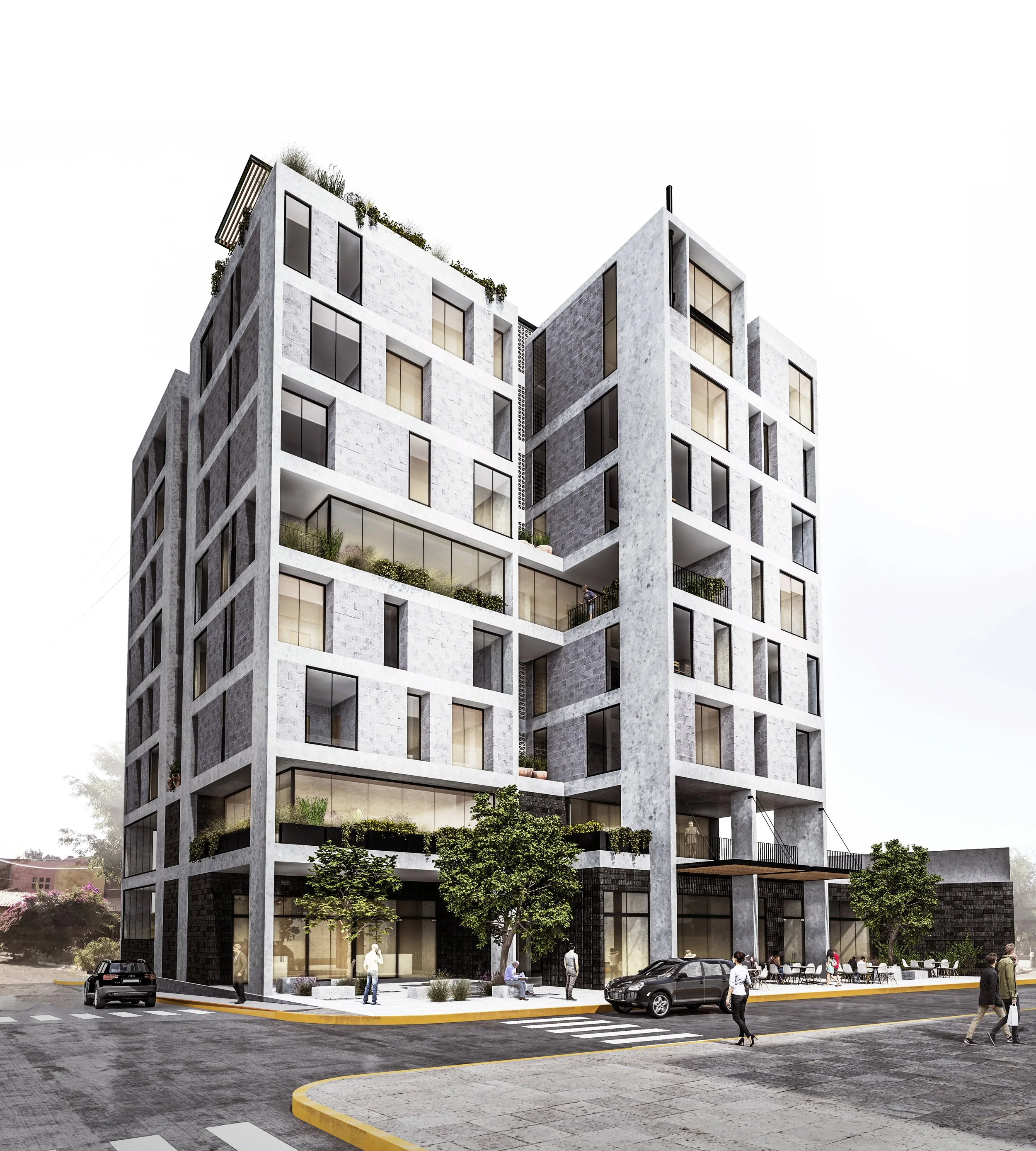 Edificio moderno de varios pisos con ventanas grandes y balcones, rodeado de árboles y con personas caminando en la calle.