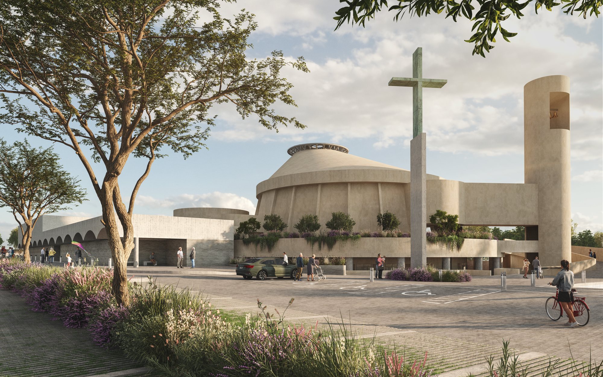 Vista de una iglesia moderna con un gran monumento de cruz en el frente, rodeada de árboles, plantas y personas caminando o en bicicleta en el estacionamiento.