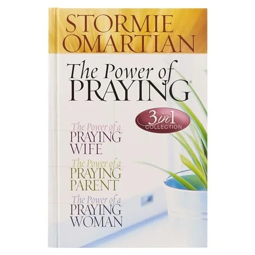 Book cover titled "The Power of Praying" by Stormie Omartian, featuring a potted green plant and a pink oval sticker indicating a 3-in-1 collection.