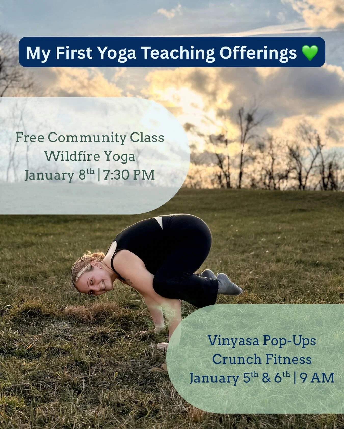 My first few yoga classes as I enter this new chapter 💚💙

✨I&rsquo;ll be teaching regularly at Crunch Fitness starting in January, with some pop-ups to kick off their grand opening! 
🦋 As part of my training graduation, I&rsquo;ll be teaching a fr