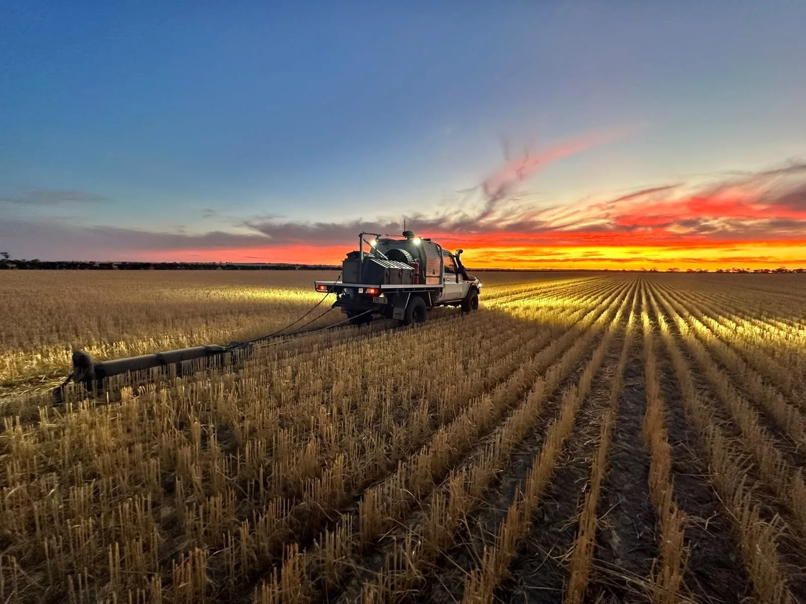A tractor working in a wheat field at sunset, with vibrant orange, pink, and blue sky.