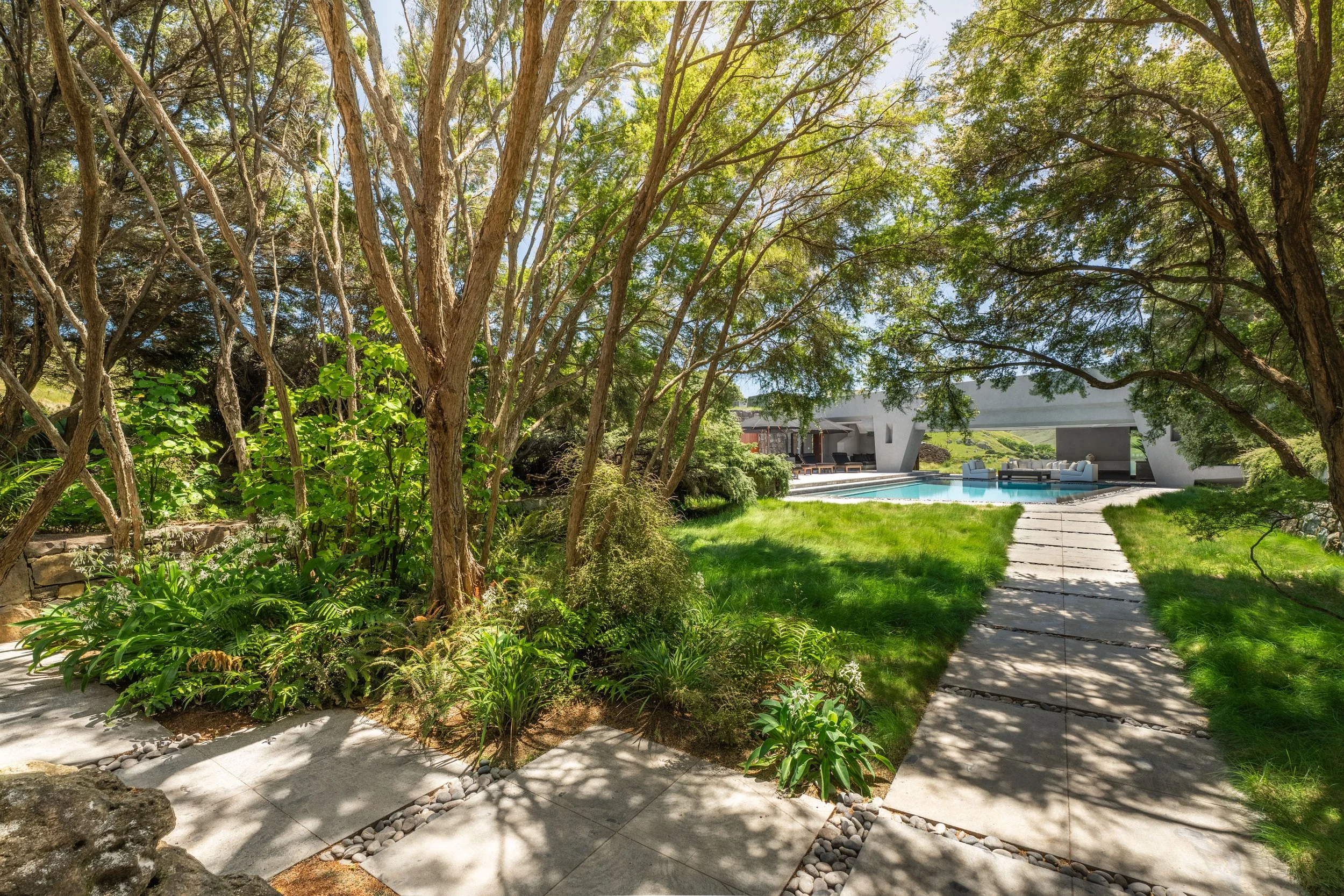 A lush backyard with a stone pathway leading to a modern swimming pool and outdoor seating area, surrounded by trees and greenery.