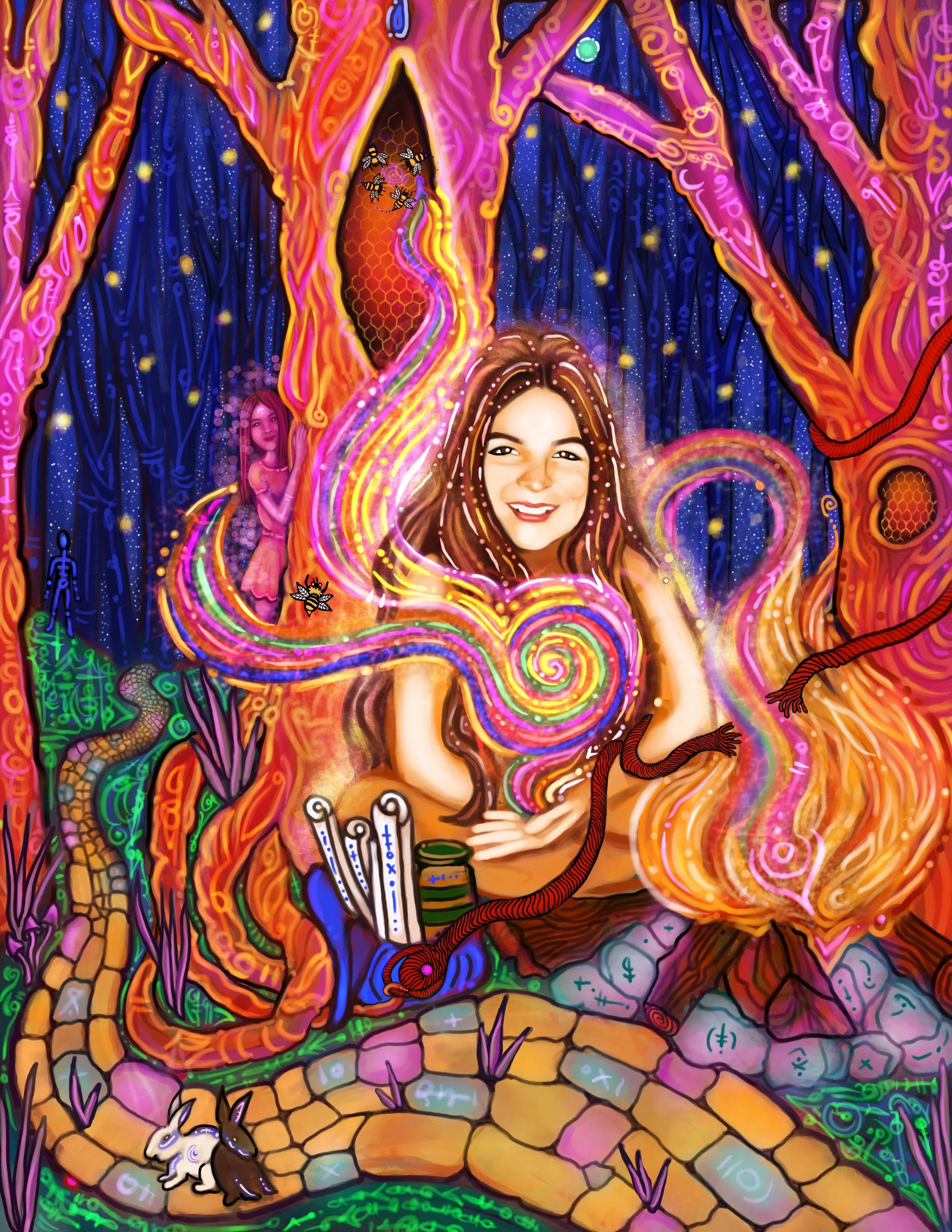 A colorful, fantasy-themed digital art featuring a woman with a smiling face in the center, surrounded by vibrant swirling lines and mystical elements like rabbits, a tree, glowing symbols, and bees, all set in a mystical forest scene.