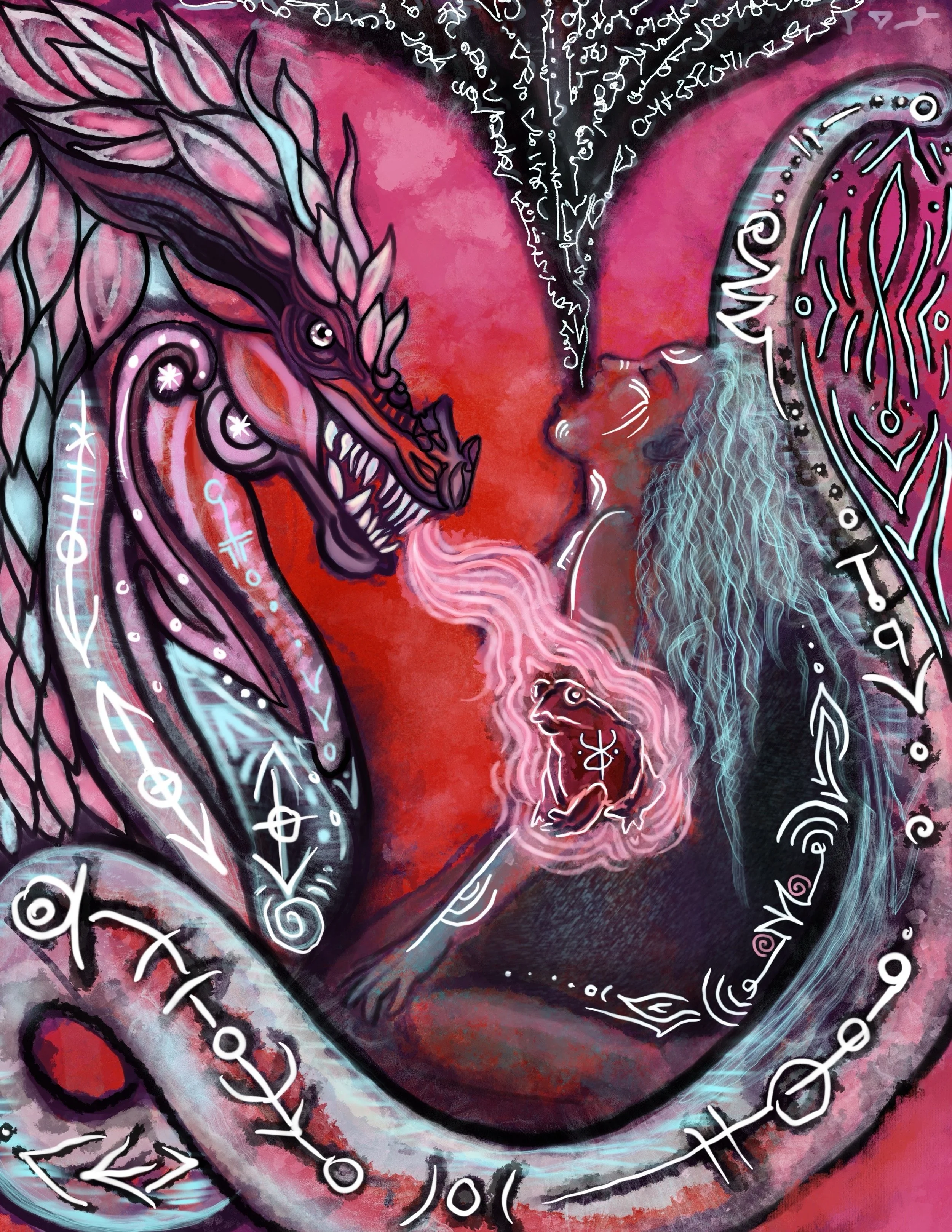A colorful fantasy artwork depicting a fierce dragon breathing fire at a small figure, surrounded by mystical symbols and swirling patterns on a red and pink background.