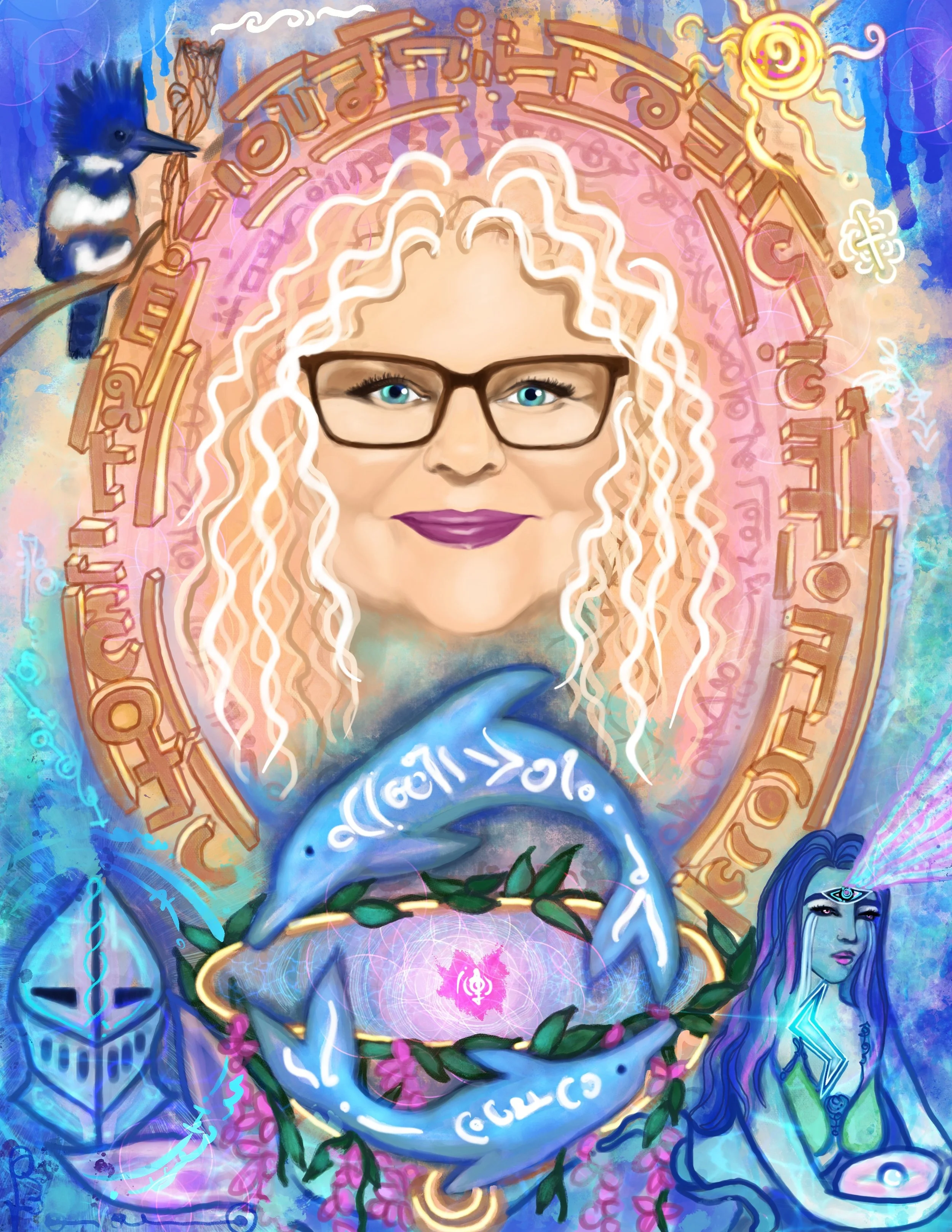Digital illustration featuring a smiling woman with blonde curly hair, glasses, and purple lipstick, surrounded by mystical and fantasy elements like glowing symbols, a blue bird, a blue-haired girl with a third eye, and swirling magic patterns.