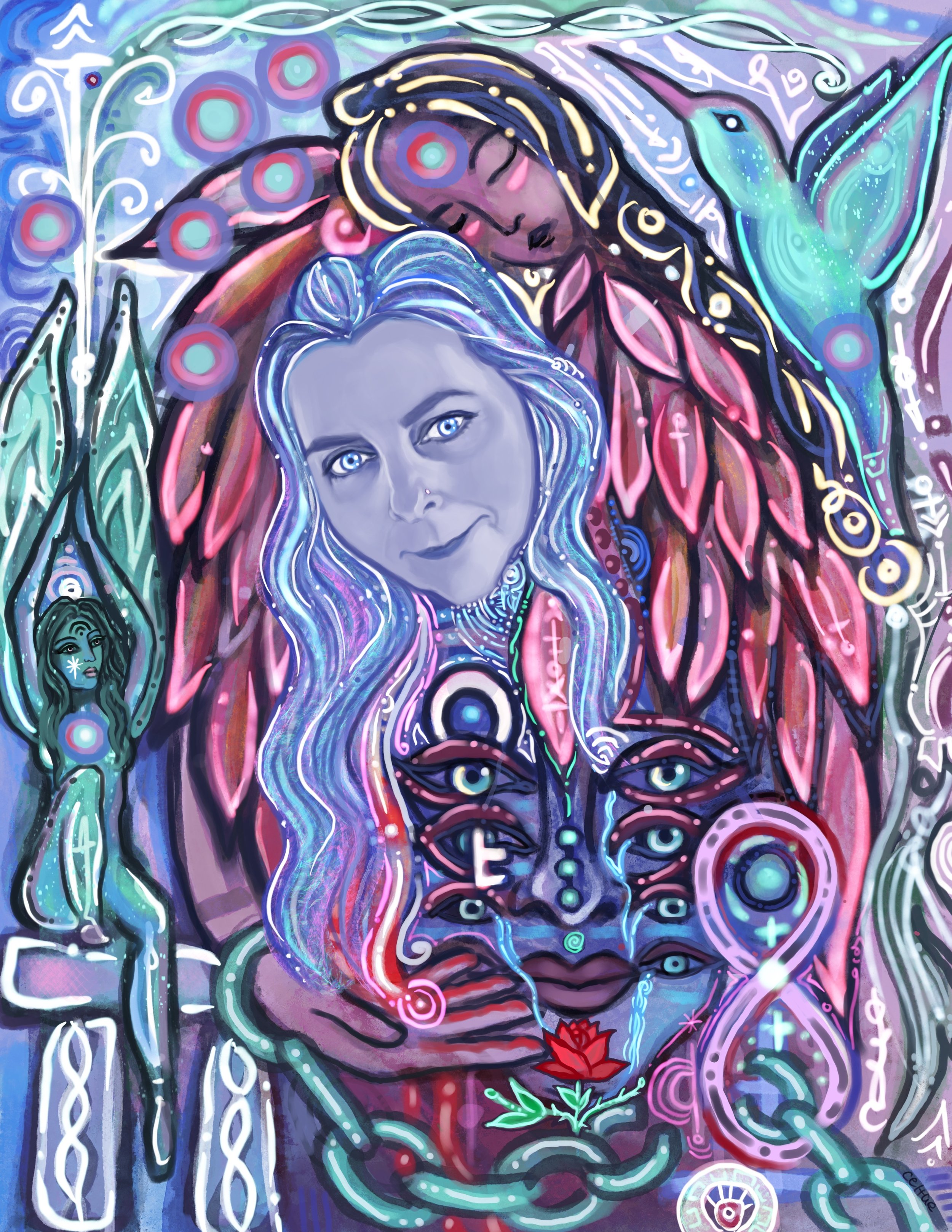 A colorful, abstract artwork featuring a central portrait of a woman with blue eyes, long flowing hair, surrounded by various mystical and spiritual motifs including a large face with multiple eyes, a hummingbird, a smaller woman figure, and various 