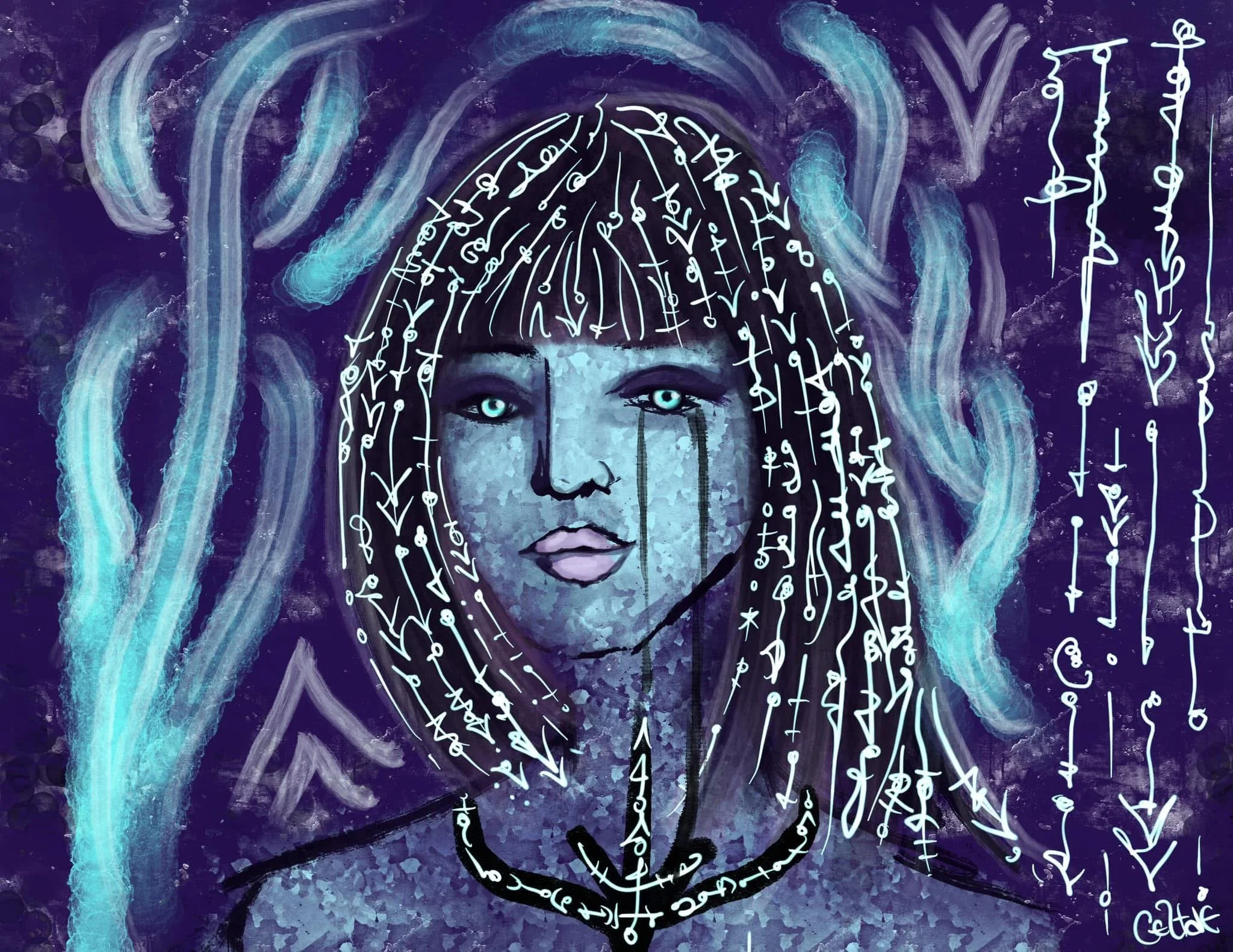 A stylized digital painting of a woman with icy blue eyes and long hair, with white lines and symbols resembling runes or hieroglyphs flowing around her and in her hair, against a dark purple background.