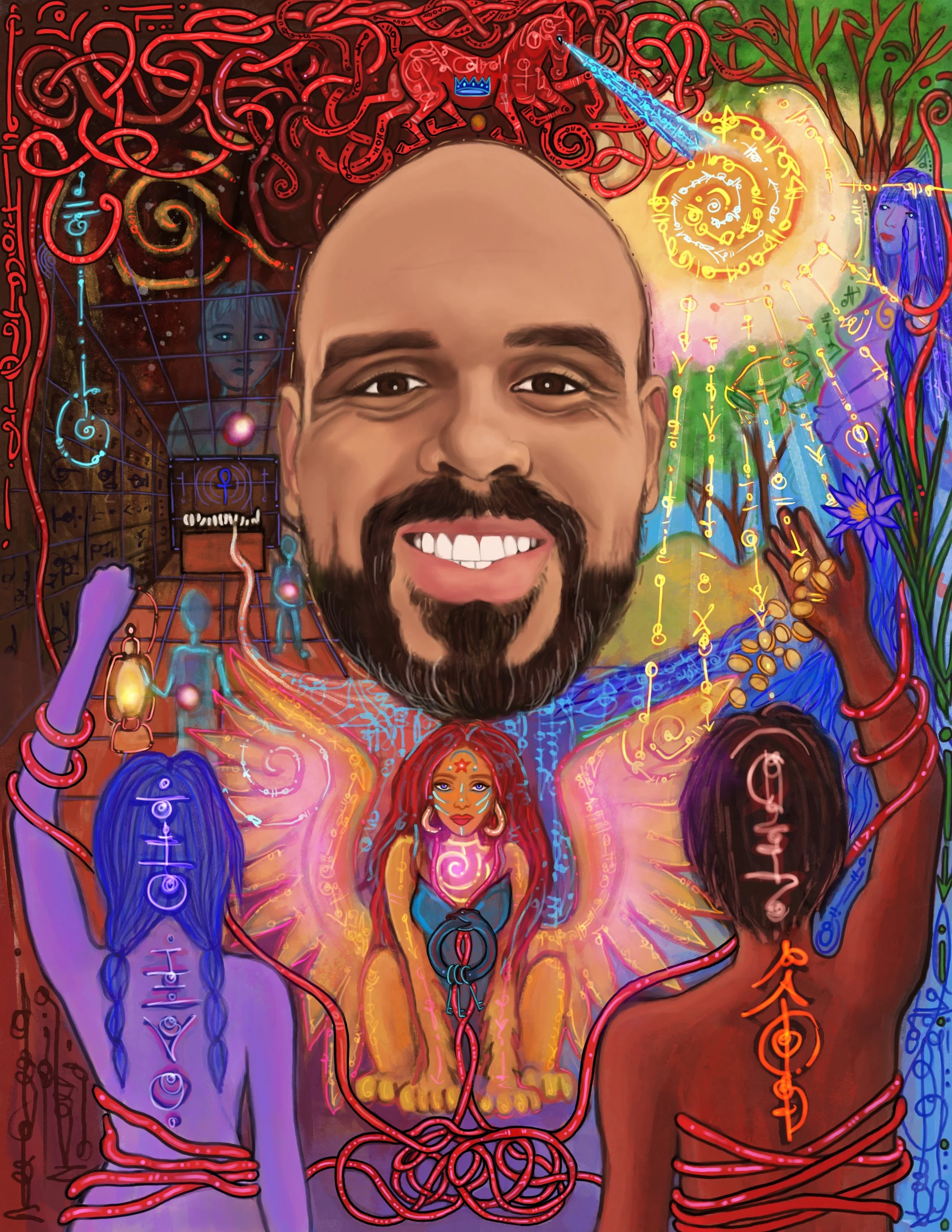 A digitally illustrated collage featuring a smiling man's face at the center, surrounded by mystical and fantasy elements like glowing symbols, vibrant colors, and animated figures, suggesting themes of spirituality, magic, and consciousness.
