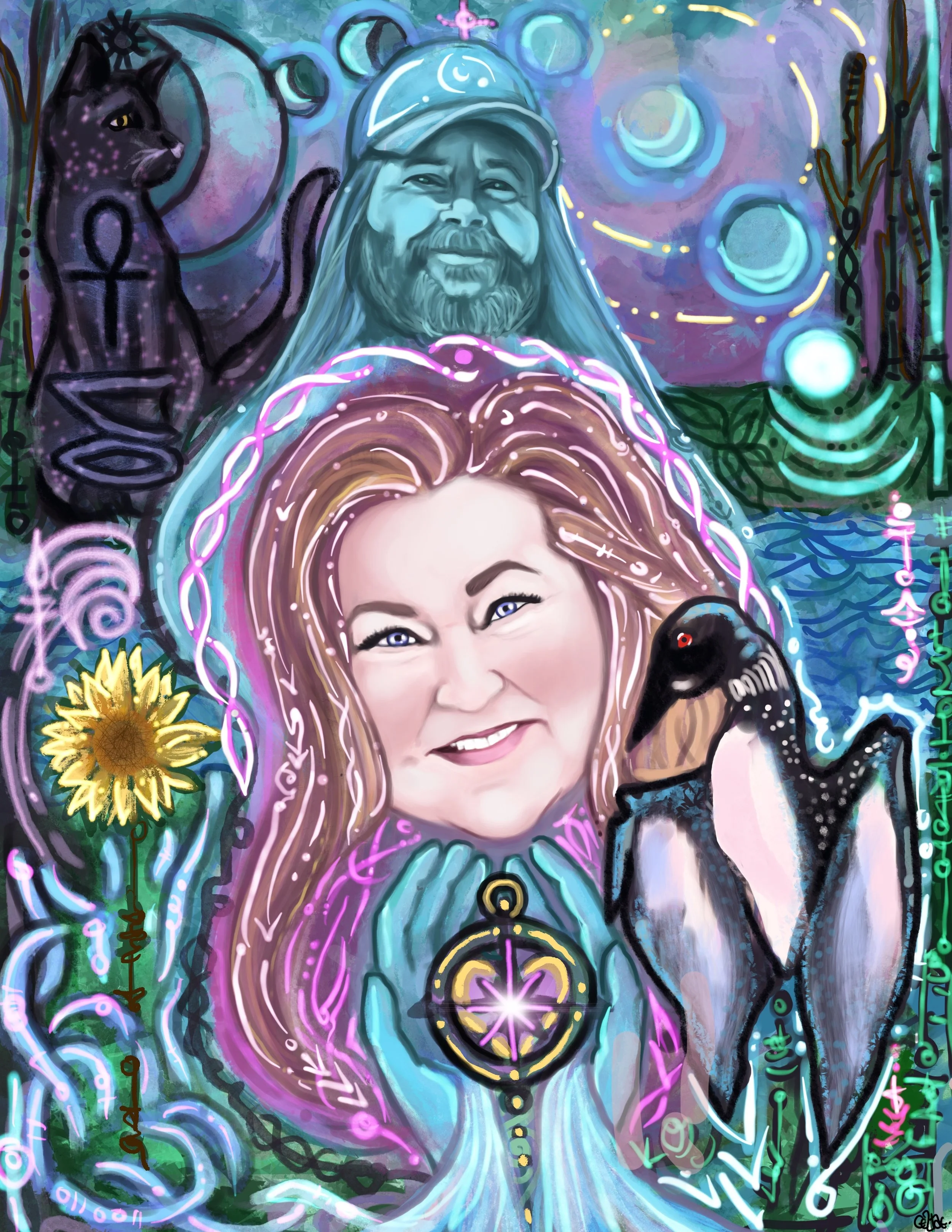 Colorful, fantasy-style digital artwork featuring a woman with long hair smiling, a mysterious man with long hair and beard behind her, a black and white bird, a sunflower, and mystical symbols and patterns with a cosmic background.
