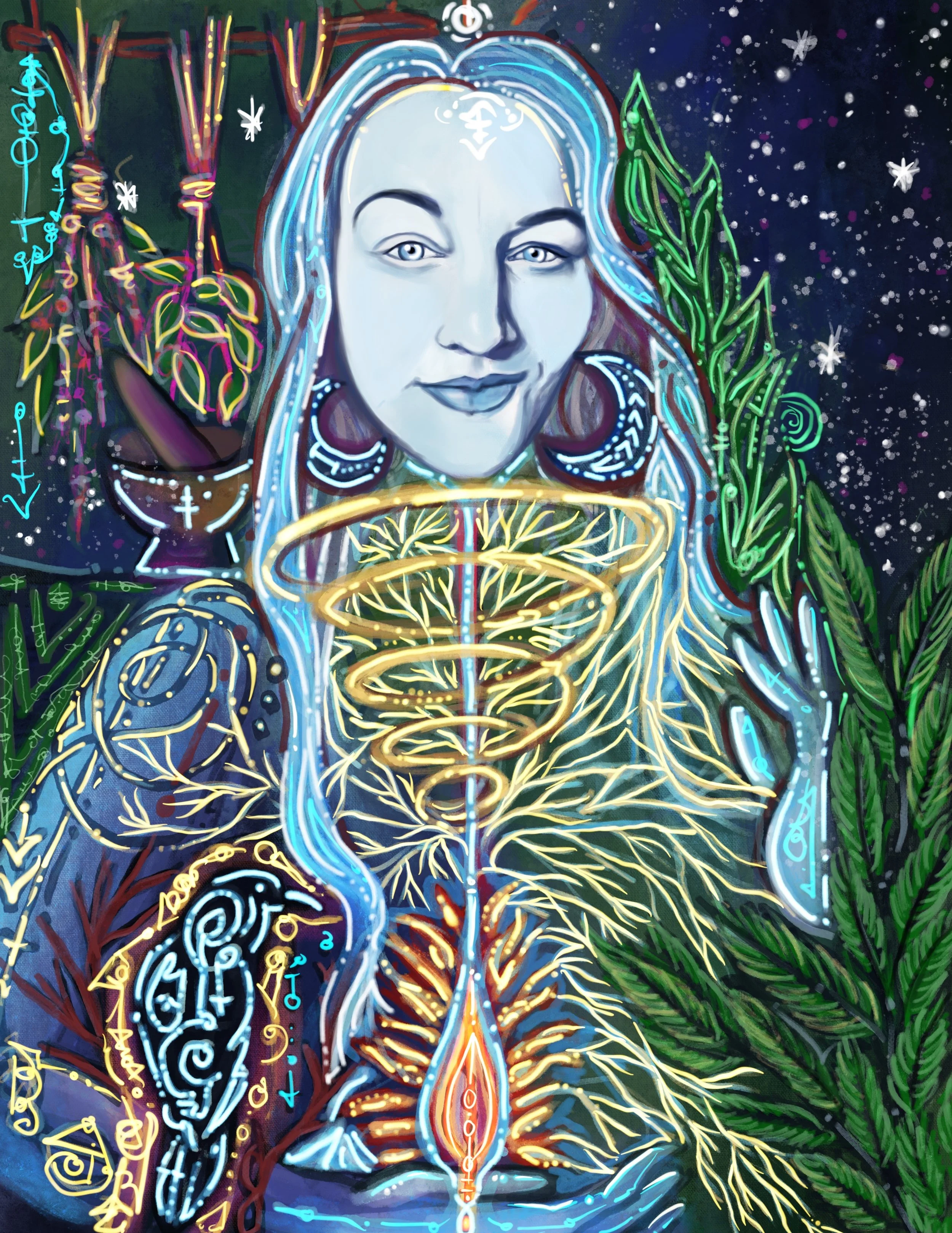 This is a colorful digital artwork of a woman with long hair, surrounded by neon-style plants, symbols, and patterns. The background is starry, resembling outer space.