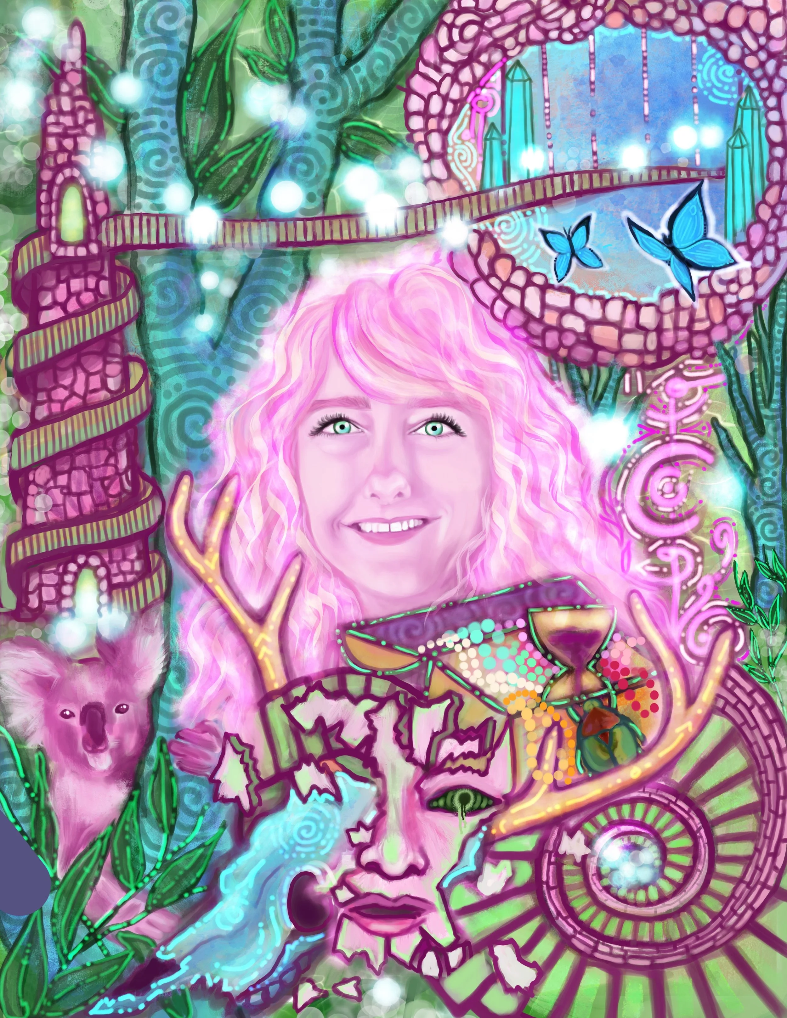 Neon-style digital artwork featuring a central smiling woman with pink hair, surrounded by various abstract and nature-inspired elements like a koala, a face with leaves, spirals, water, crystals, butterflies, and glowing orbs.