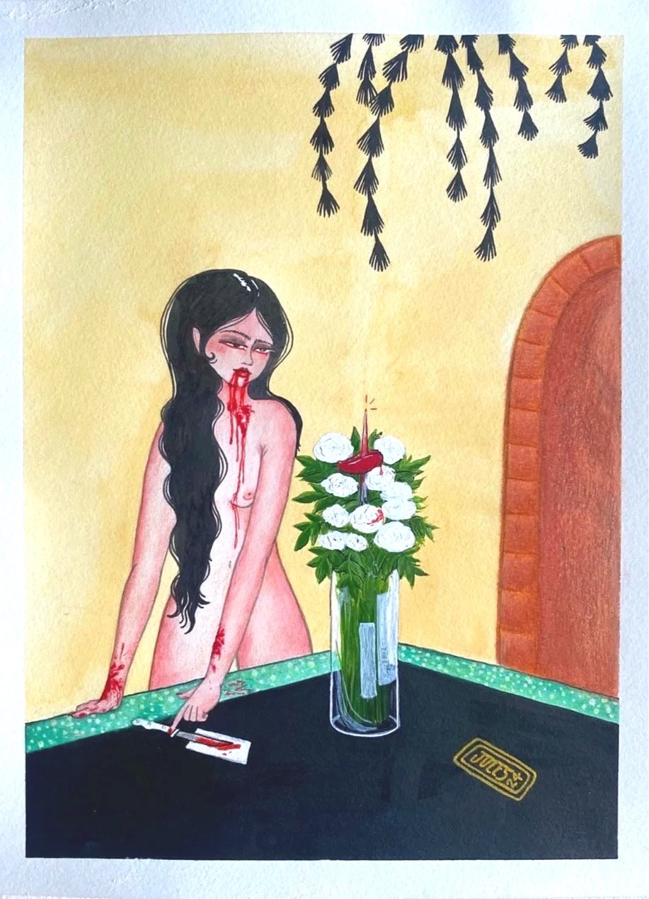 "Tongue Tied", 2024.
Watercolor and mixed media on cold press paper.
12 x 9 inches.