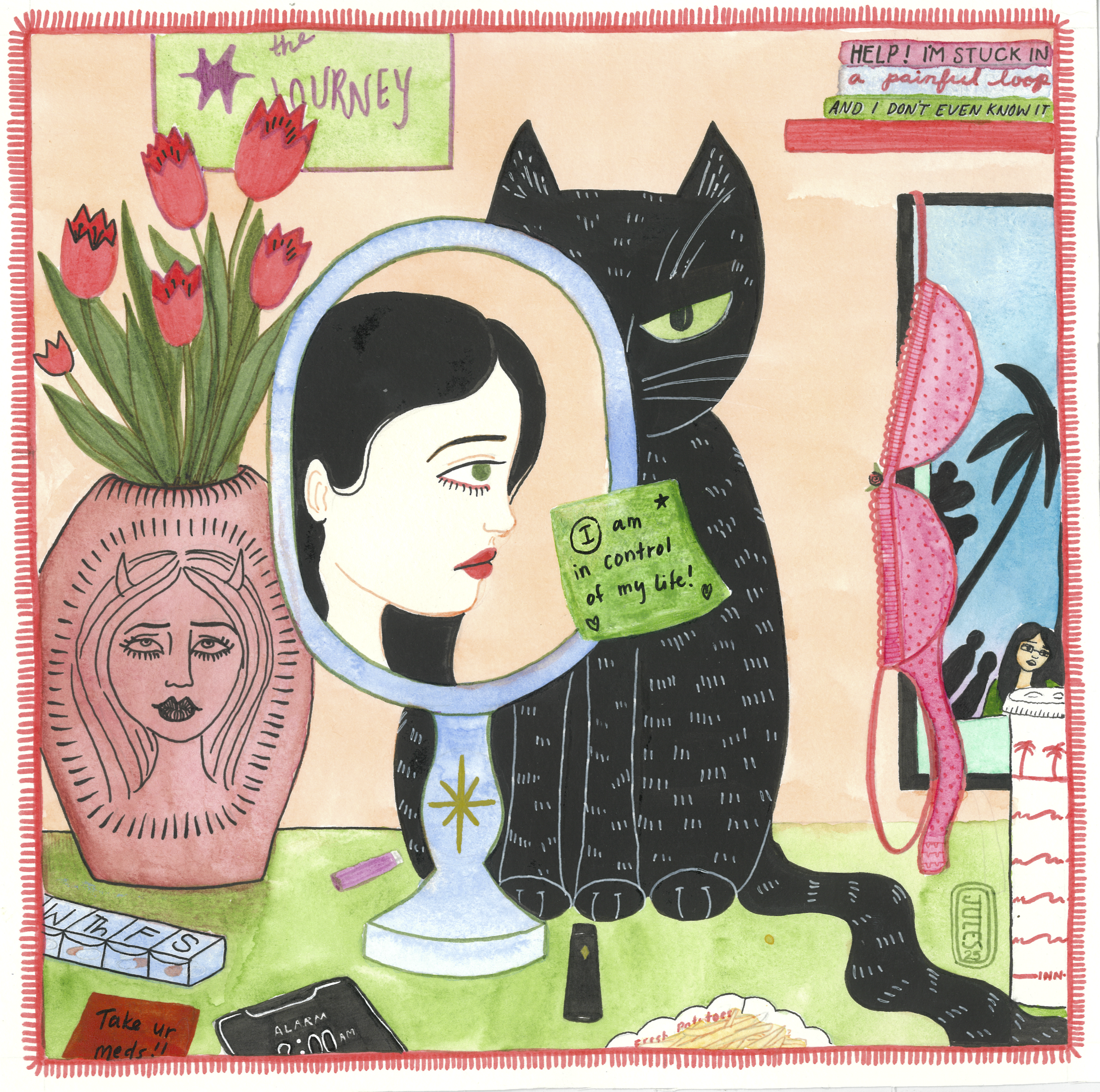 "Creature of Habit", 2025. 
Watercolor and mixed media on cold press paper. 
9 x 9 inches.