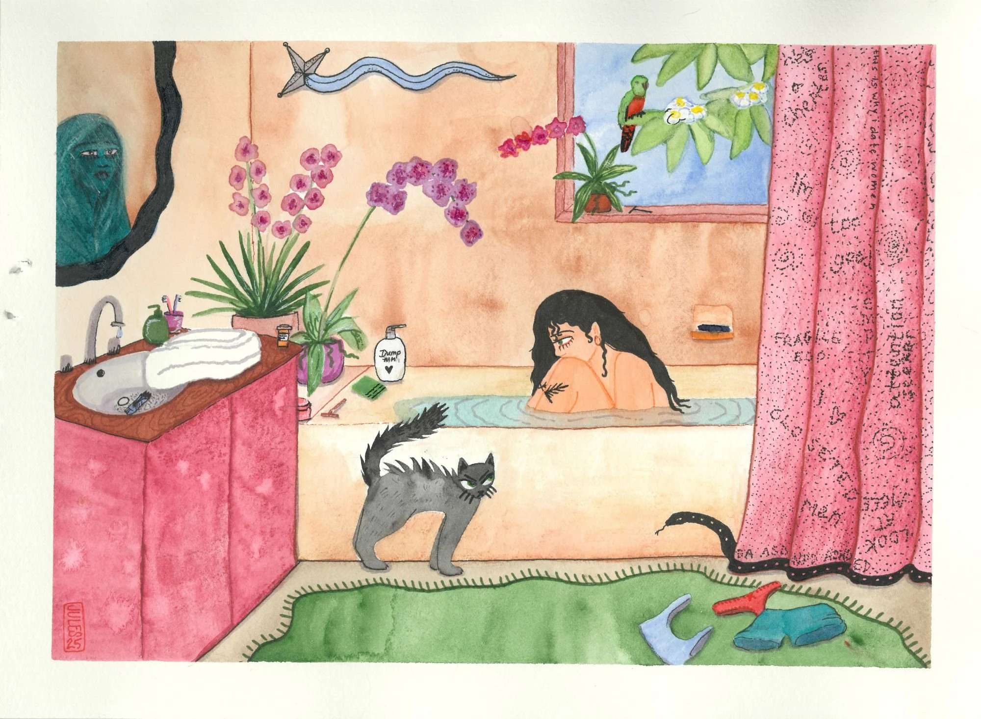 "Dead Again", 2025.
Watercolor and mixed media on cold press paper. 
9 x 12 inches. 