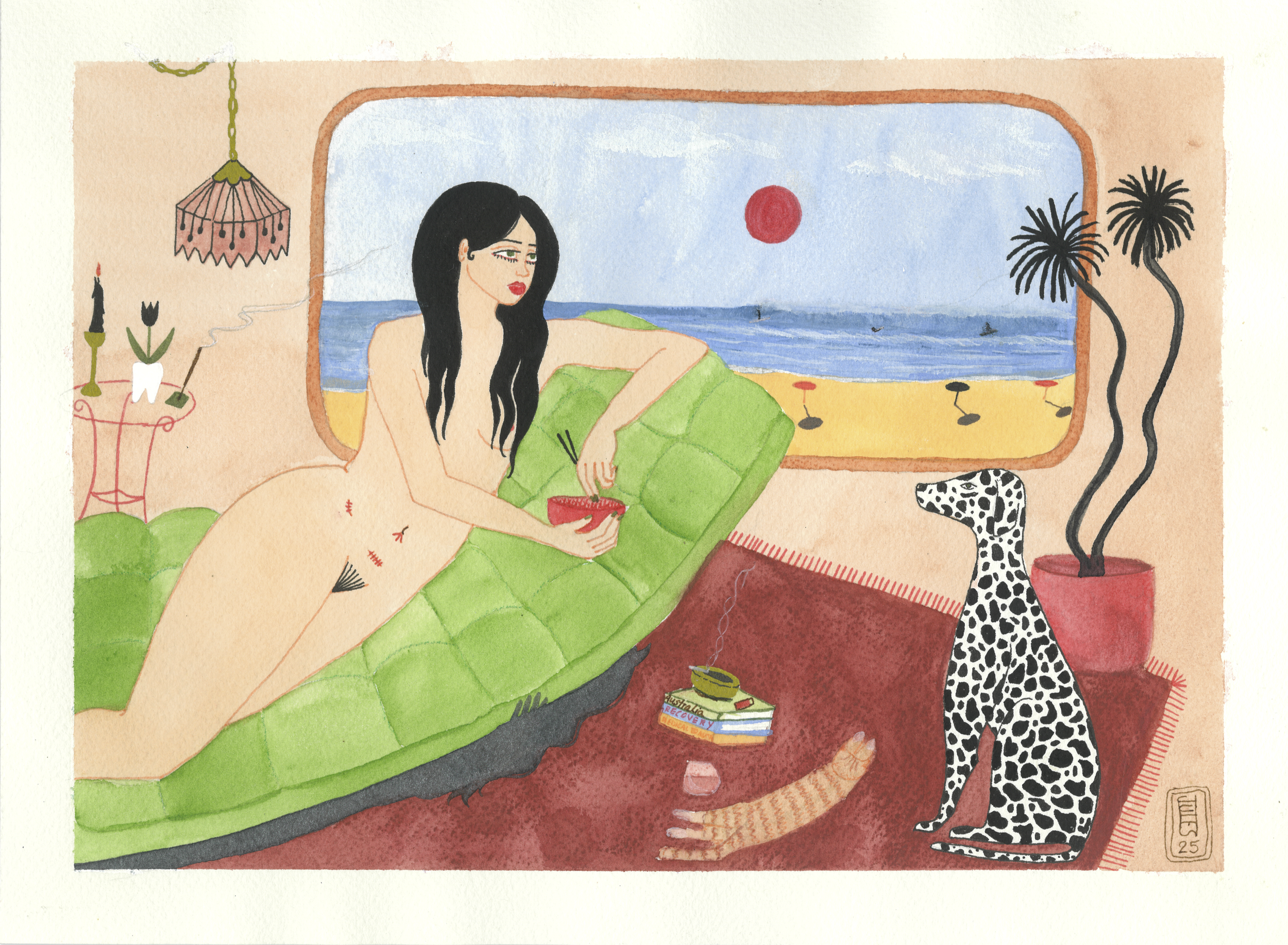 "Recovery", 2025. 
Watercolor and mixed media on cold press paper. 
9 x 12 inches.
