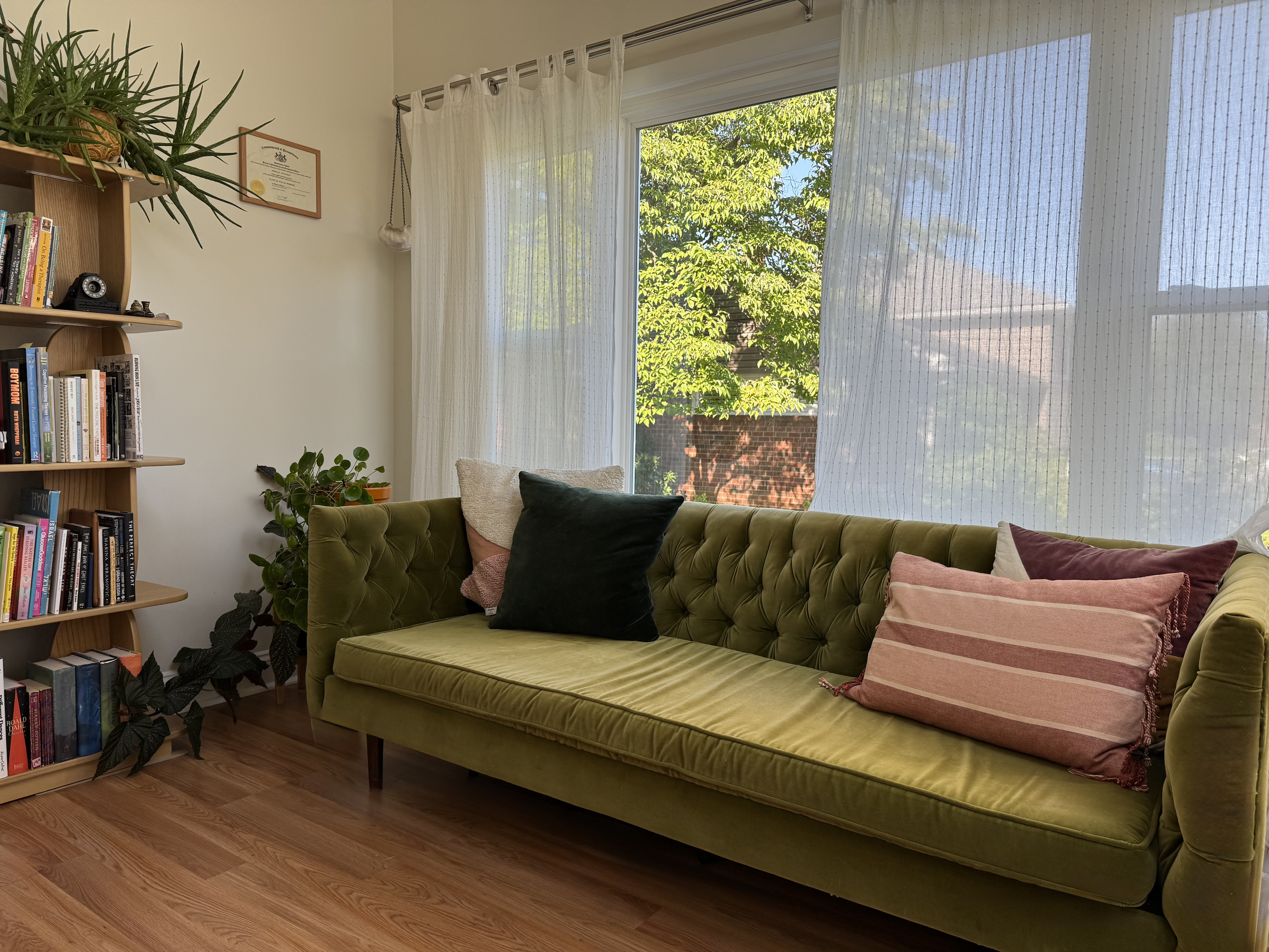Living room with large window, green velvet sofa, pillows, bookshelf with books and decorative items, potted plants, and framed certificate on wall.