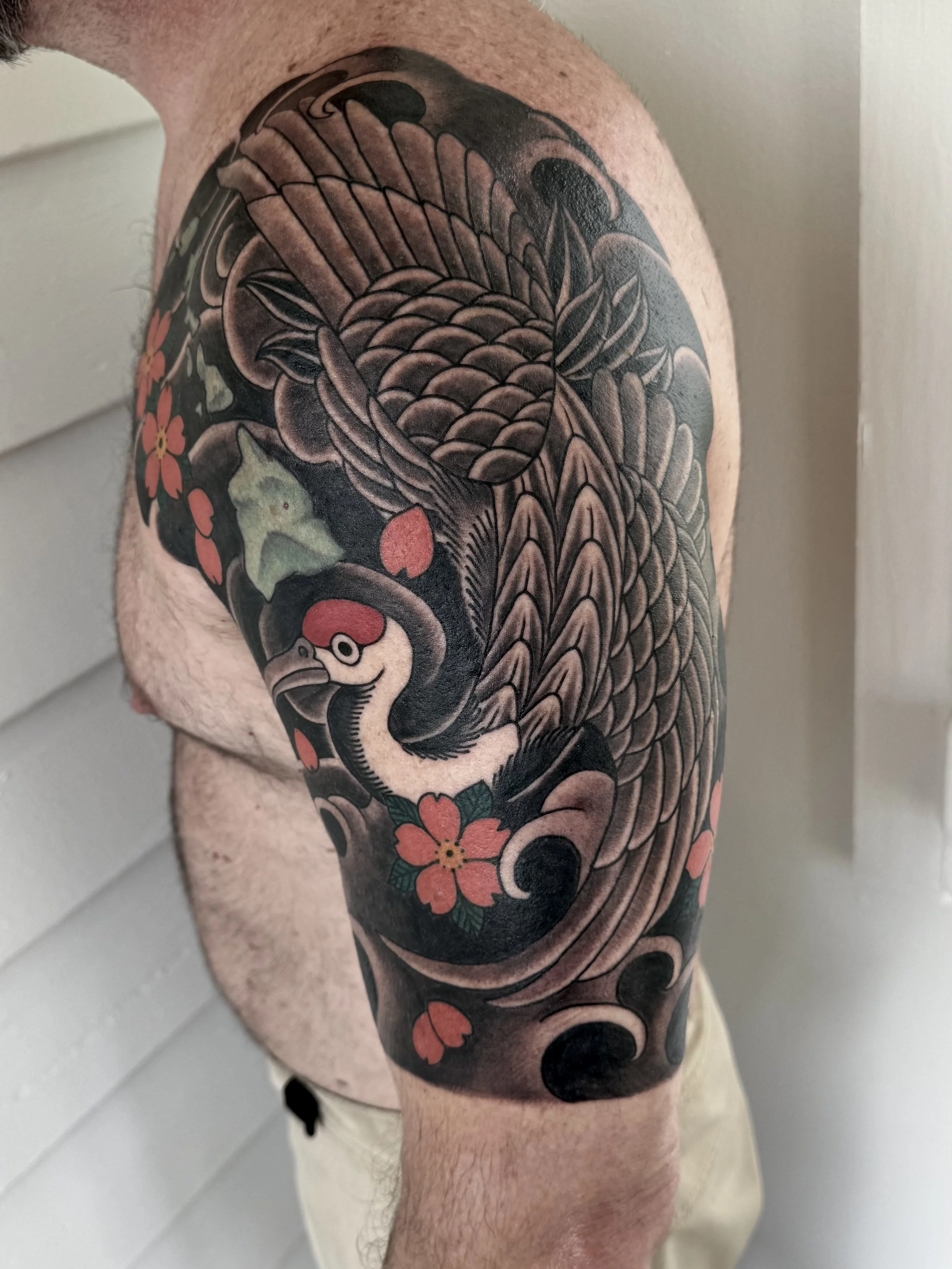 Tattoo of a traditional Japanese-style crane with black, white, and red colors surrounded by pink cherry blossoms on a person's upper arm and shoulder.