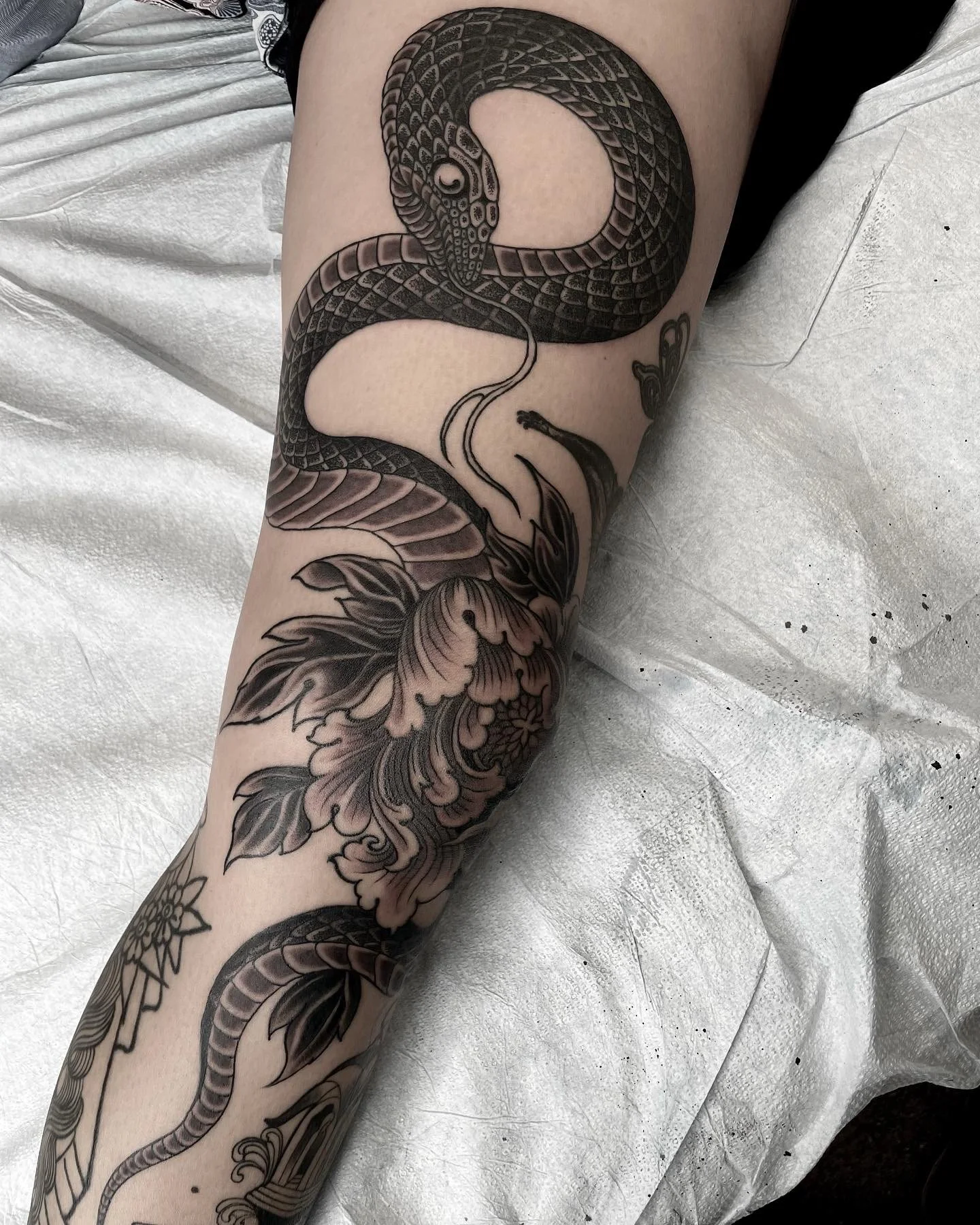 A black and gray tattoo of a snake wrapped around a blooming flower on a person's arm.