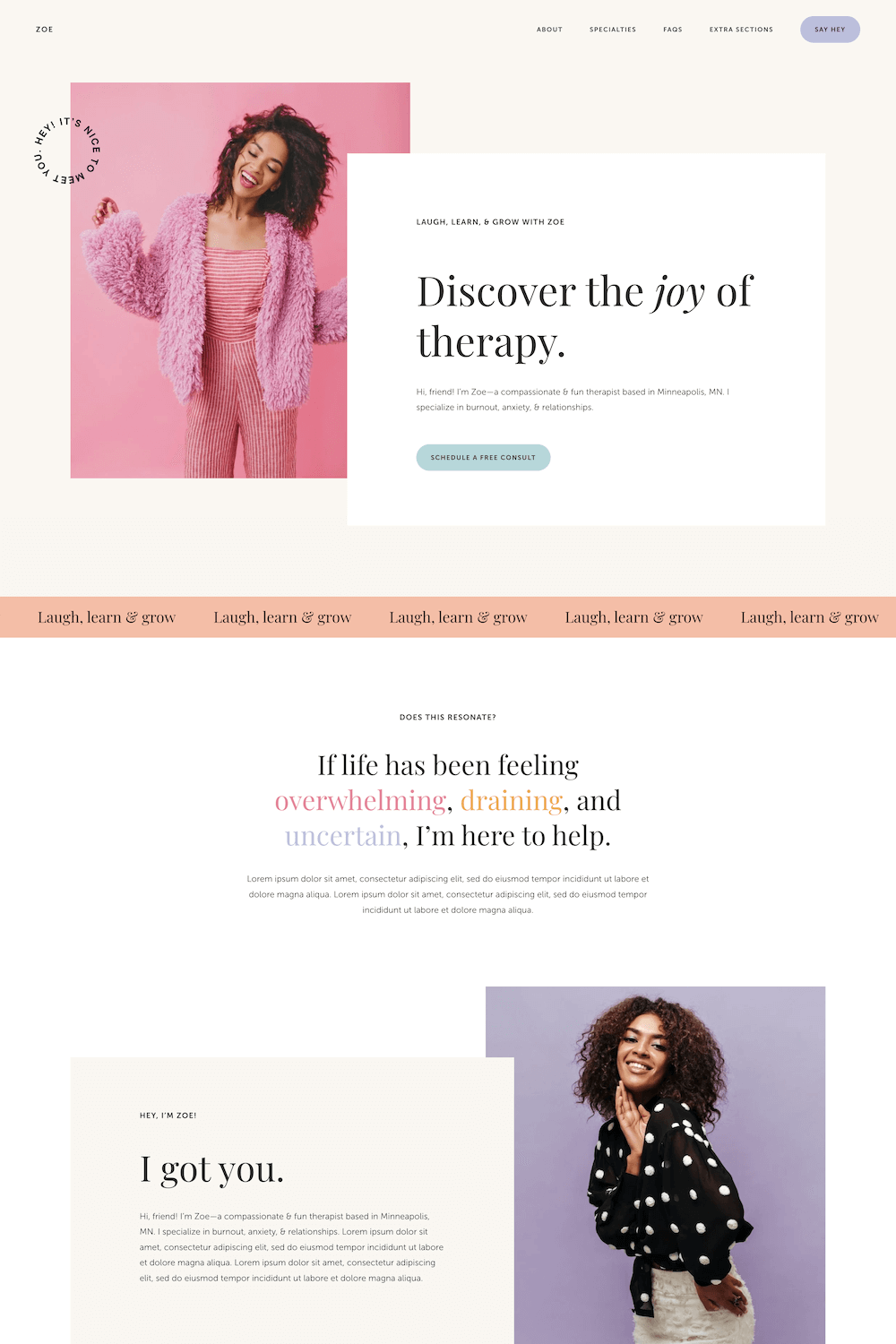 Website homepage for therapy services showing two smiling women with curly hair, one in a pink fluffy jacket and striped pants, the other in a black polka dot top, with text about therapy and mental health support.