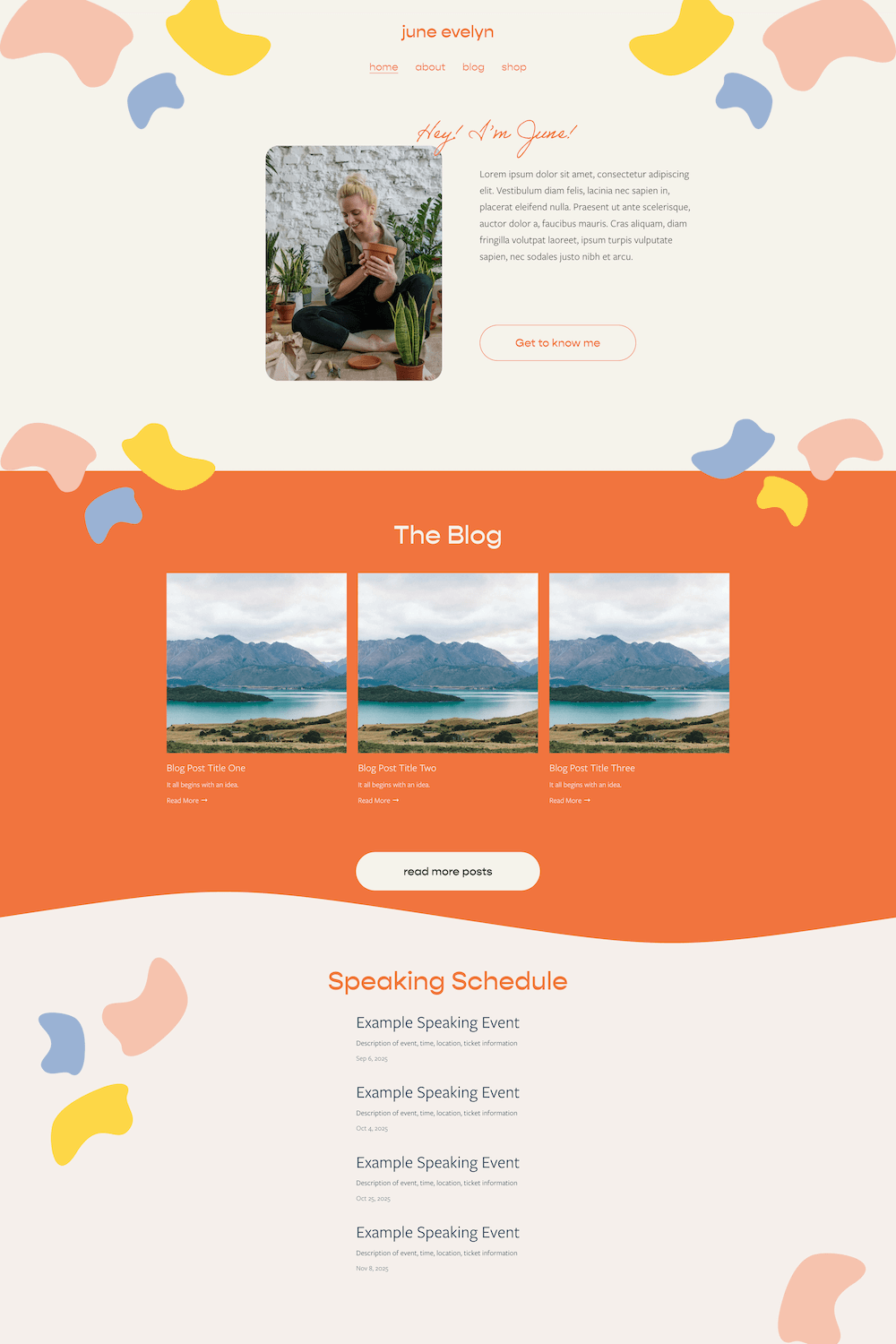A colorful website homepage with a pastel abstract background, a photo of a woman holding a plant, blog post previews featuring mountain and lake scenery, and a schedule of speaking events.