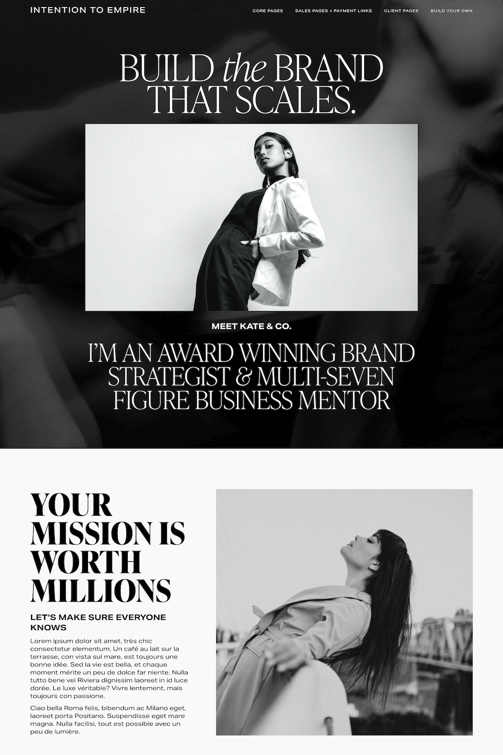 Black and white website homepage with fashion-themed imagery and bold text promoting brand building, featuring a woman posing confidently and another woman gazing upward near a bridge.